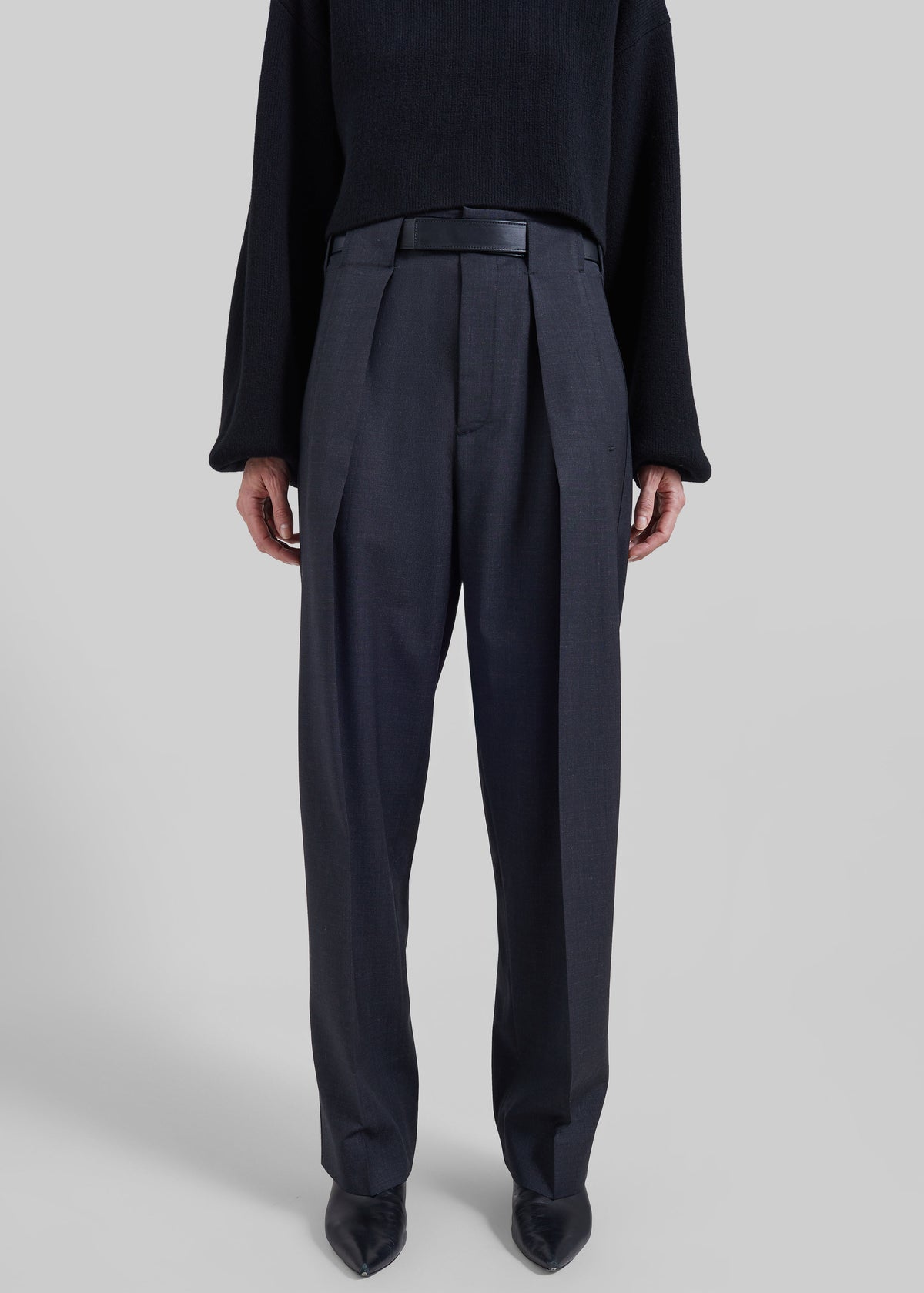 Darkpark Ronda Leather Belt Wool Trousers - Dark Grey