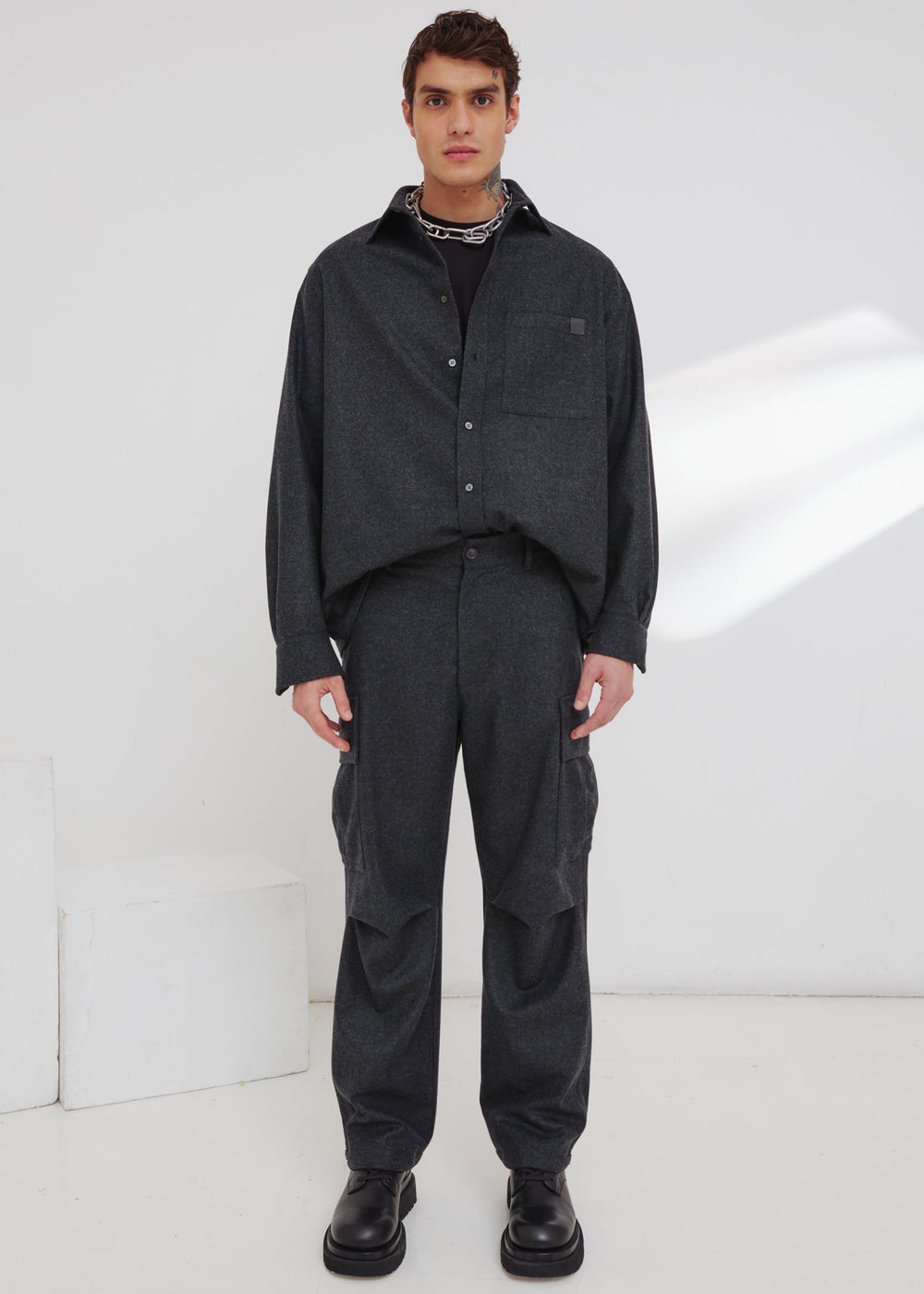 Darkpark Serge - Wool Long Sleeved Shirt - Dark Grey Melange - 1