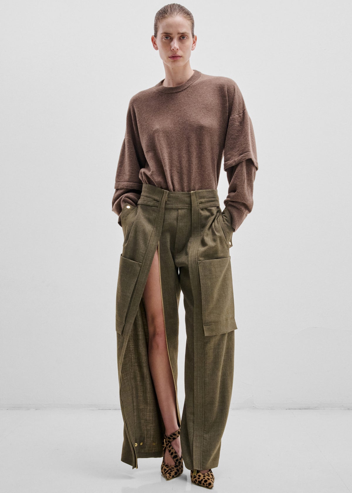 Darkpark Troy Cashmere Wool Double Sleeve Tee - Brown