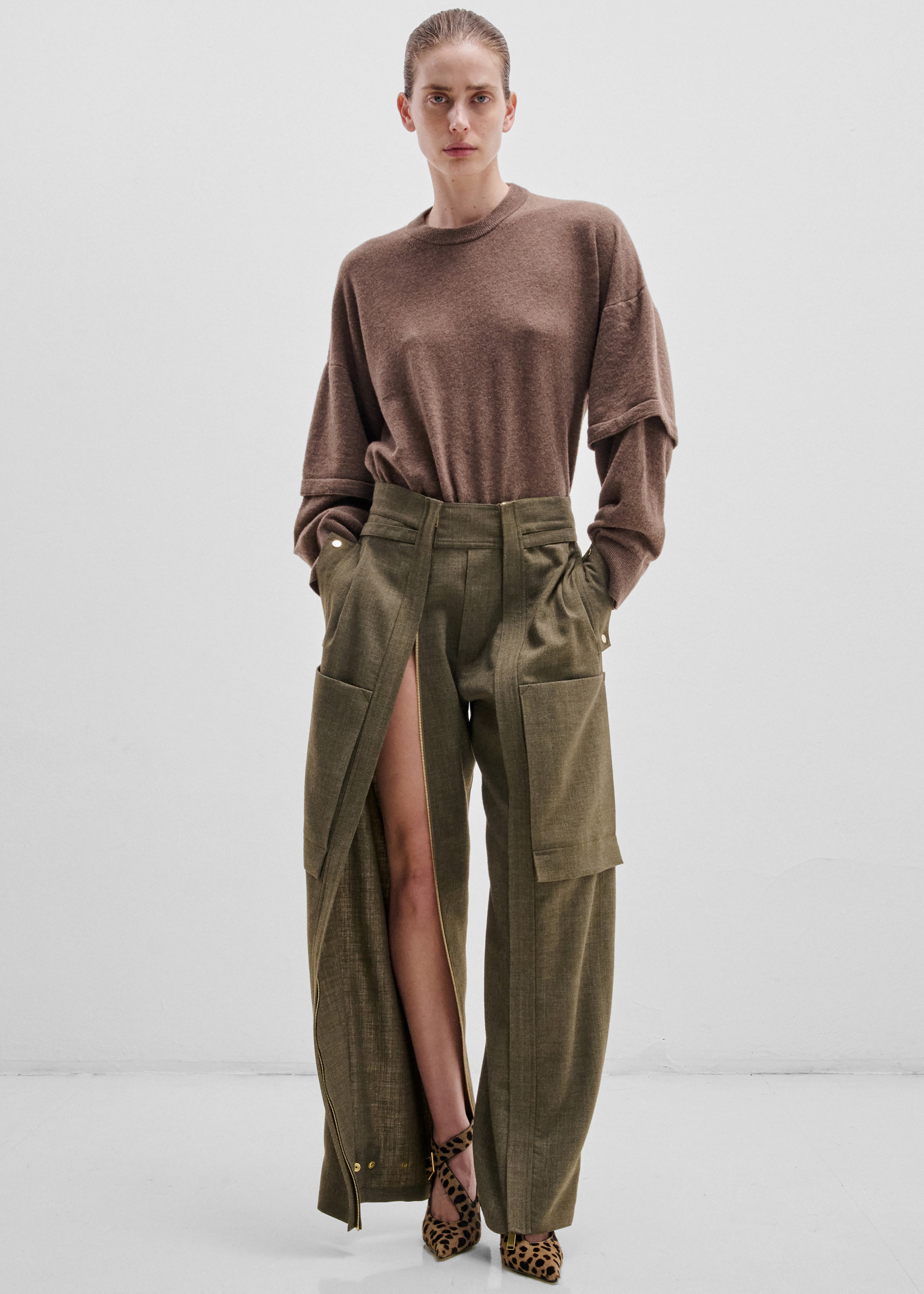 Darkpark Troy Cashmere Wool Double Sleeve Tee - Brown