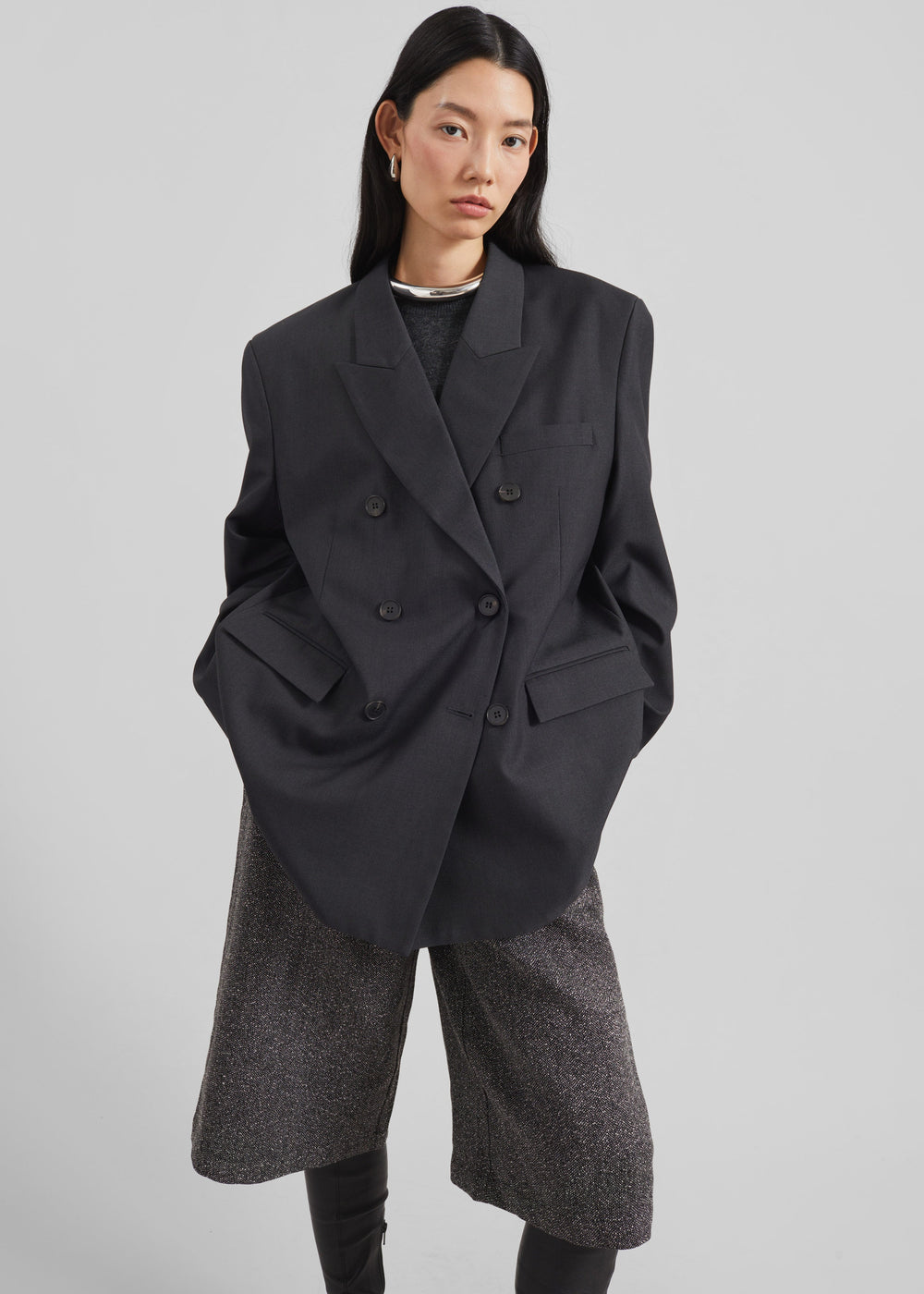 Daroca Double-Breasted Blazer - Charcoal - 1