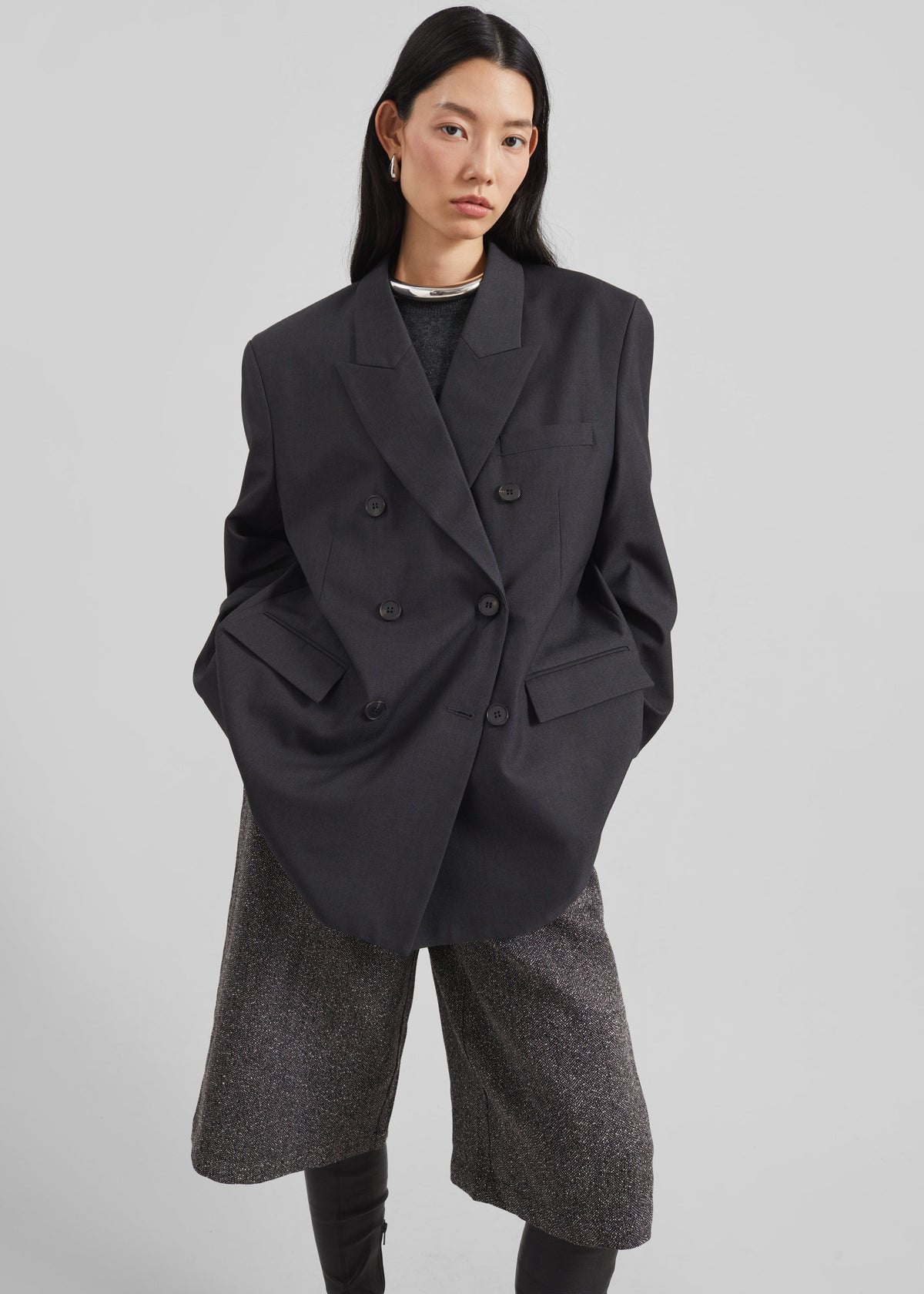 Daroca Double-Breasted Blazer - Charcoal - 2