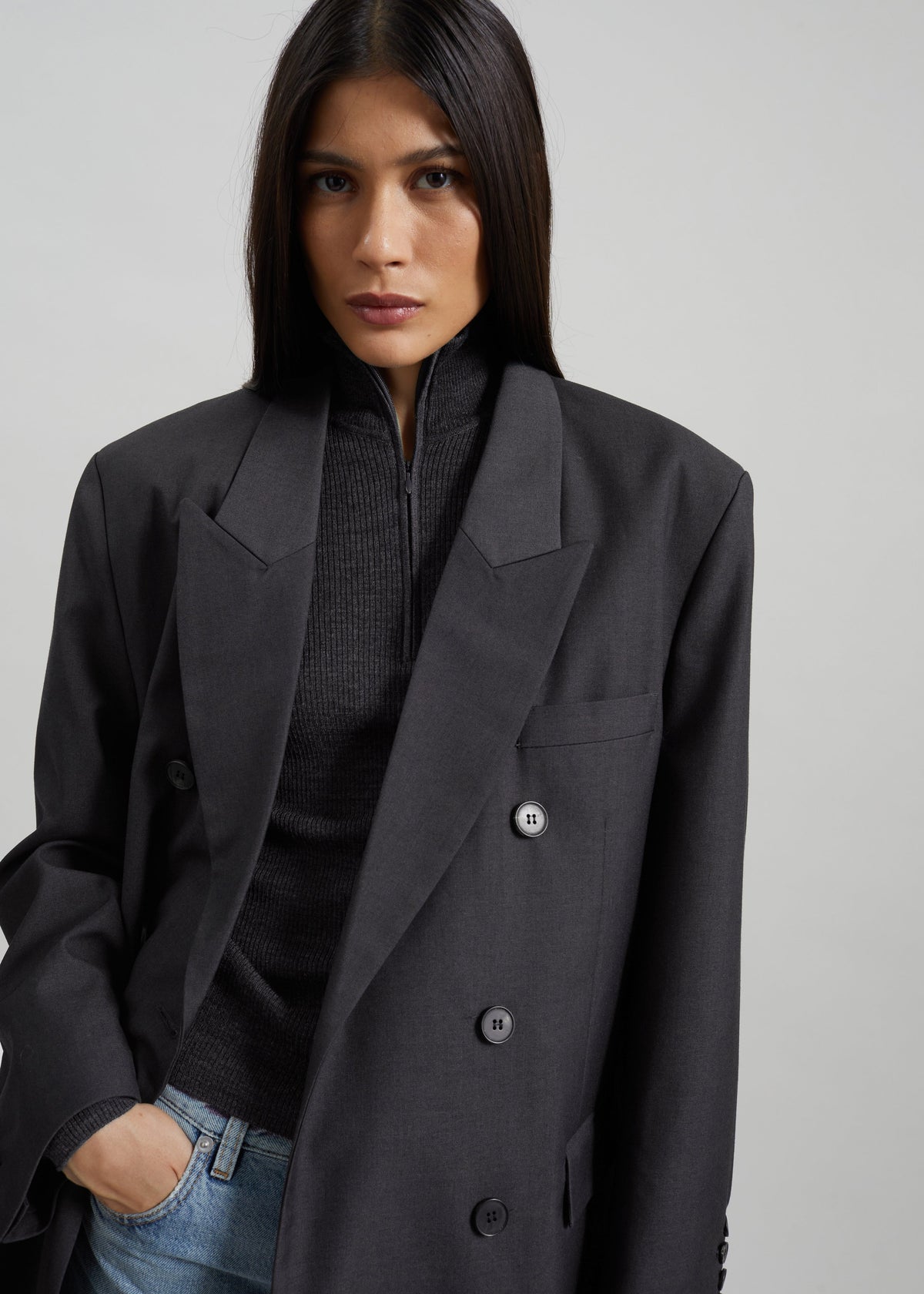 Daroca Double-Breasted Blazer - Charcoal - 3