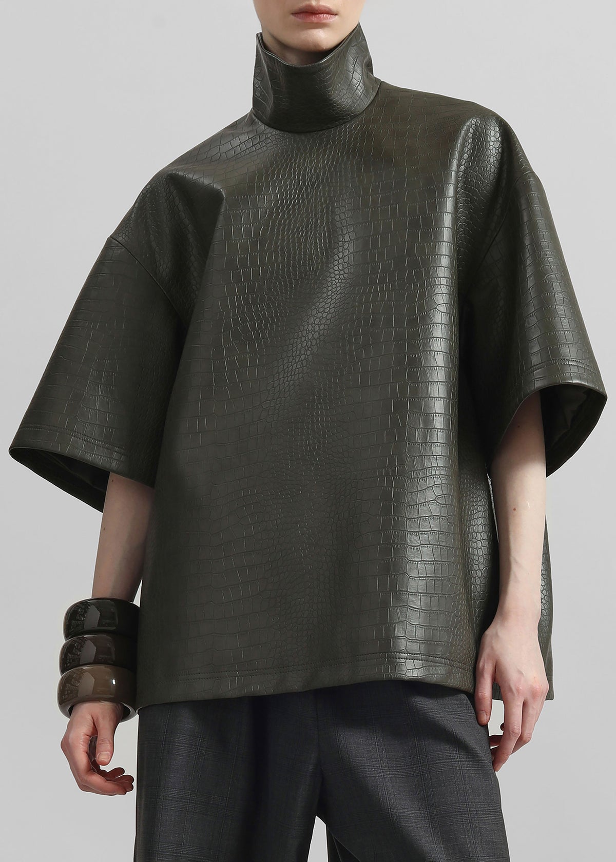 Delancey Faux Leather Croc Top - Dark Olive - 2