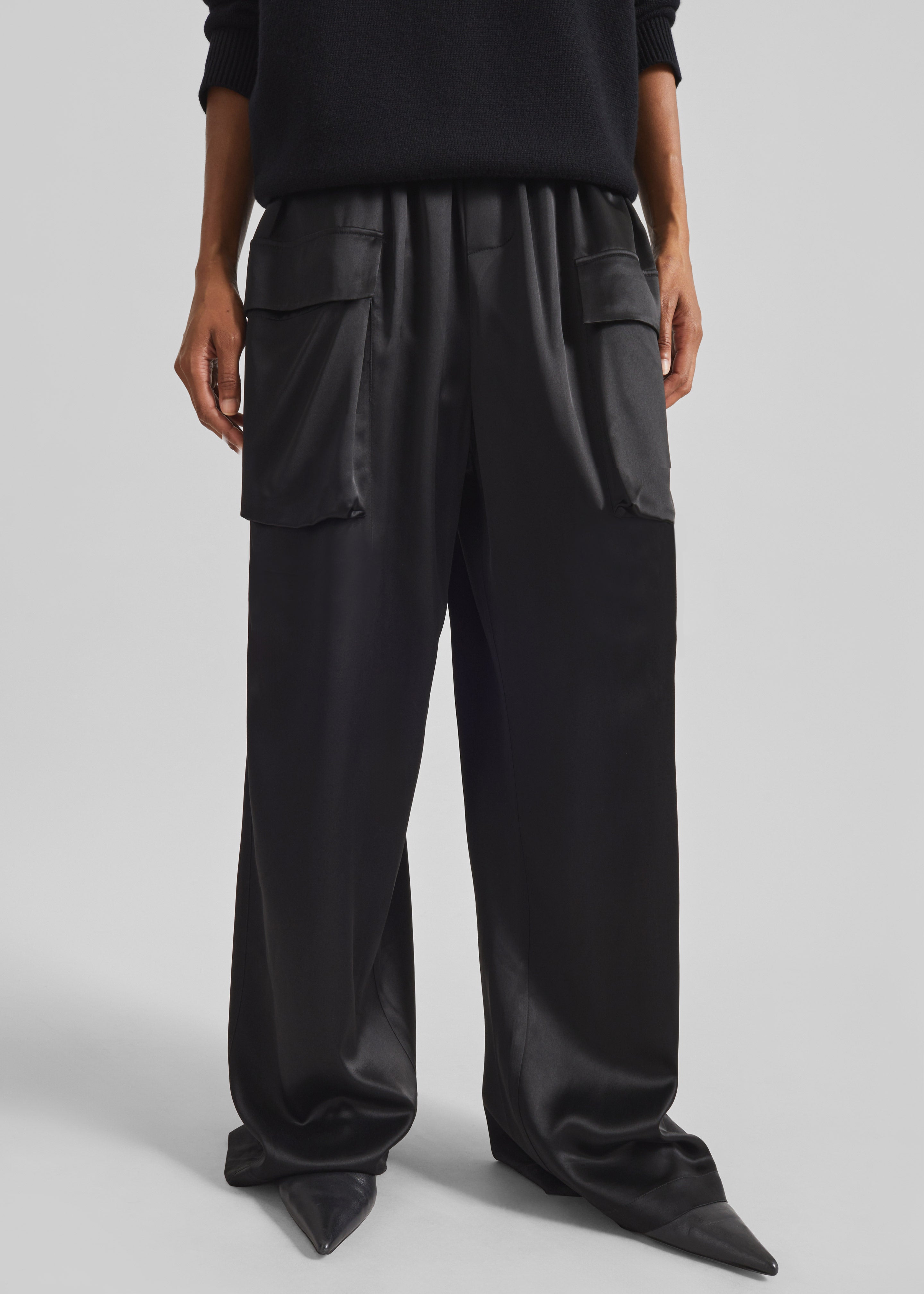 Delny Satin Cargo Pants - Black - 1