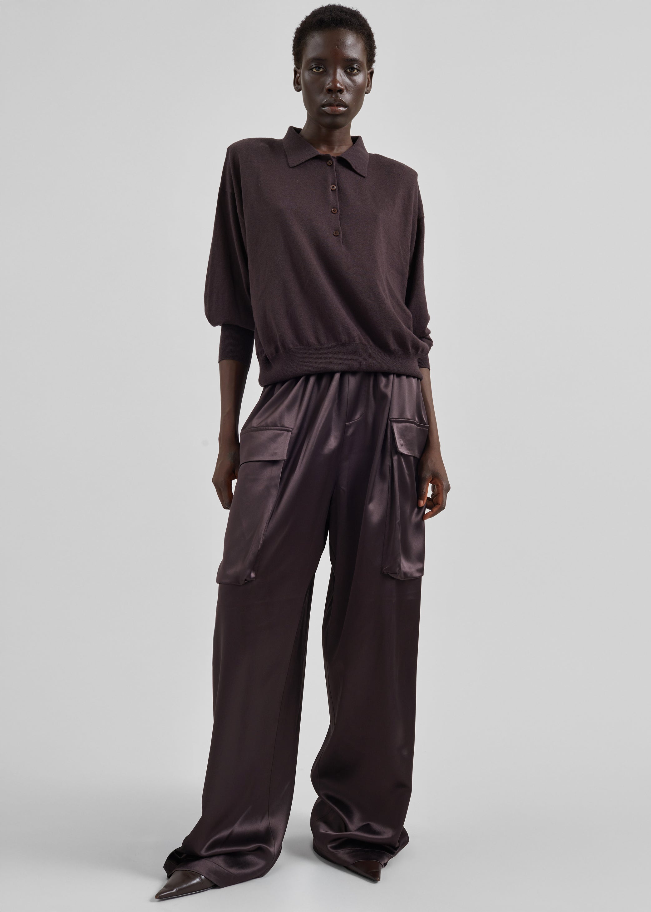 Shop the look image for Delny Satin Cargo Pants - Dark Brown