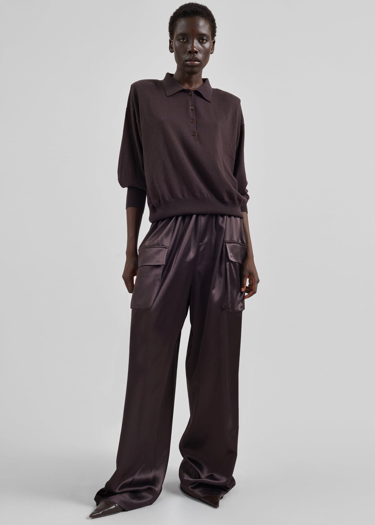 Delny Satin Cargo Pants - Dark Brown - 4