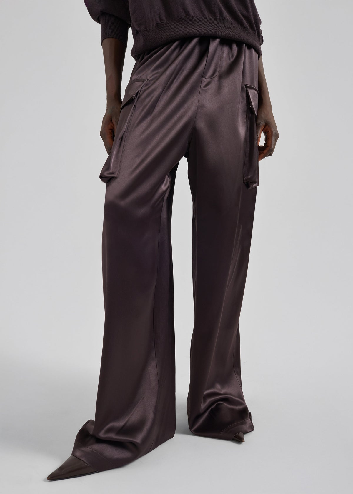 Delny Satin Cargo Pants - Dark Brown - 2