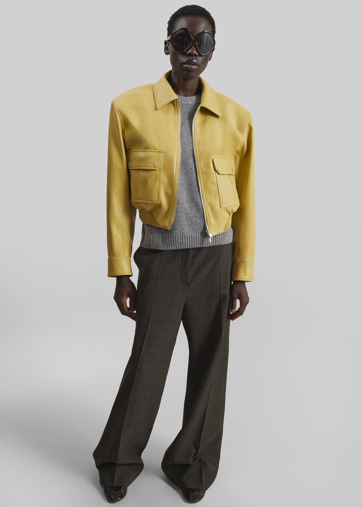 Denain Faux Leather Cropped Bomber Jacket - Yellow - 5