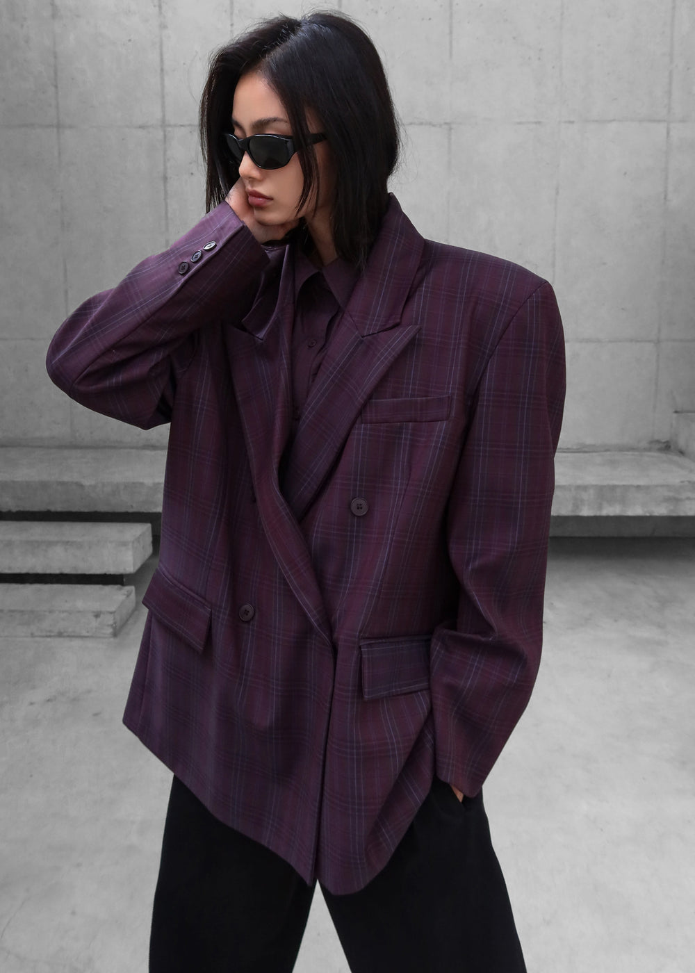 Dinant Padded Double-Breasted Blazer - Burgundy Plaid - 1