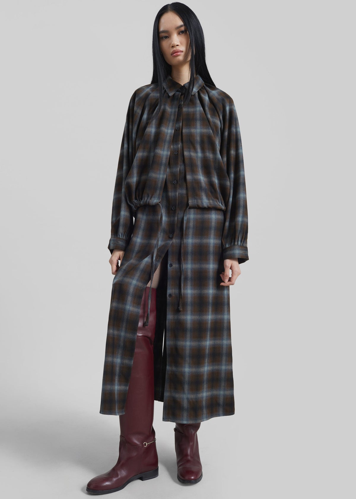 Ebell Layered Shirt Dress - Brown Plaid - 4