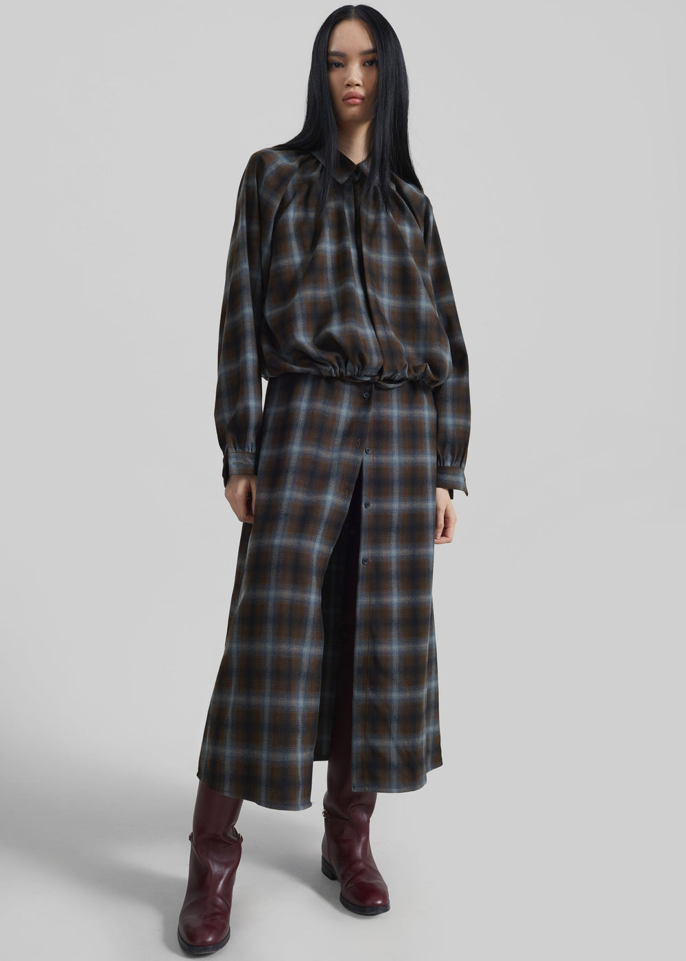 Ebell Layered Shirt Dress - Brown Plaid - 1