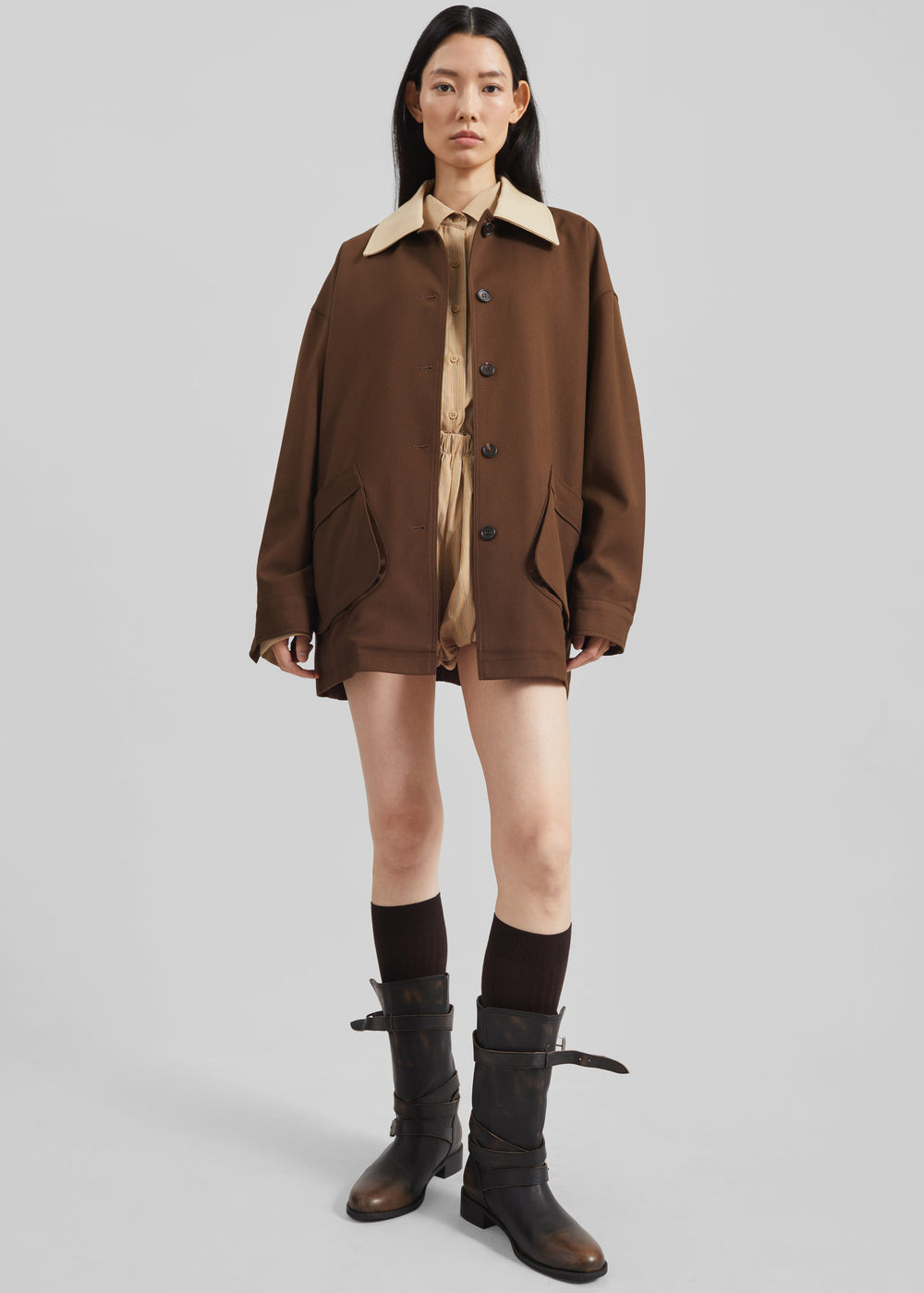Eldar Contrast Collar Boxy Jacket - Brown