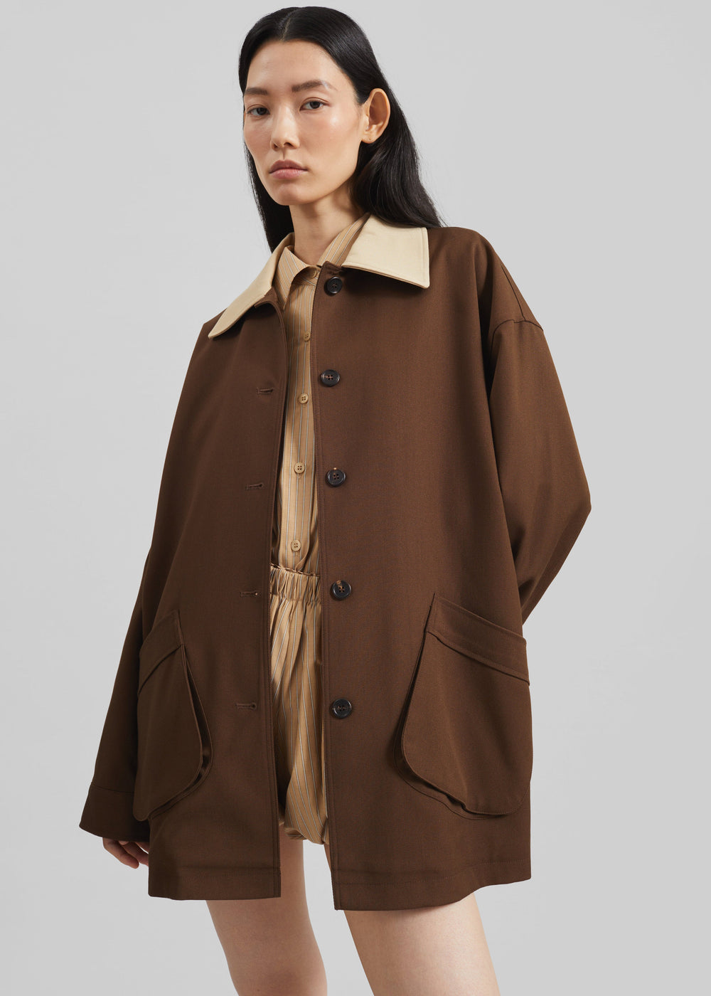 Eldar Contrast Collar Boxy Jacket - Brown - 1