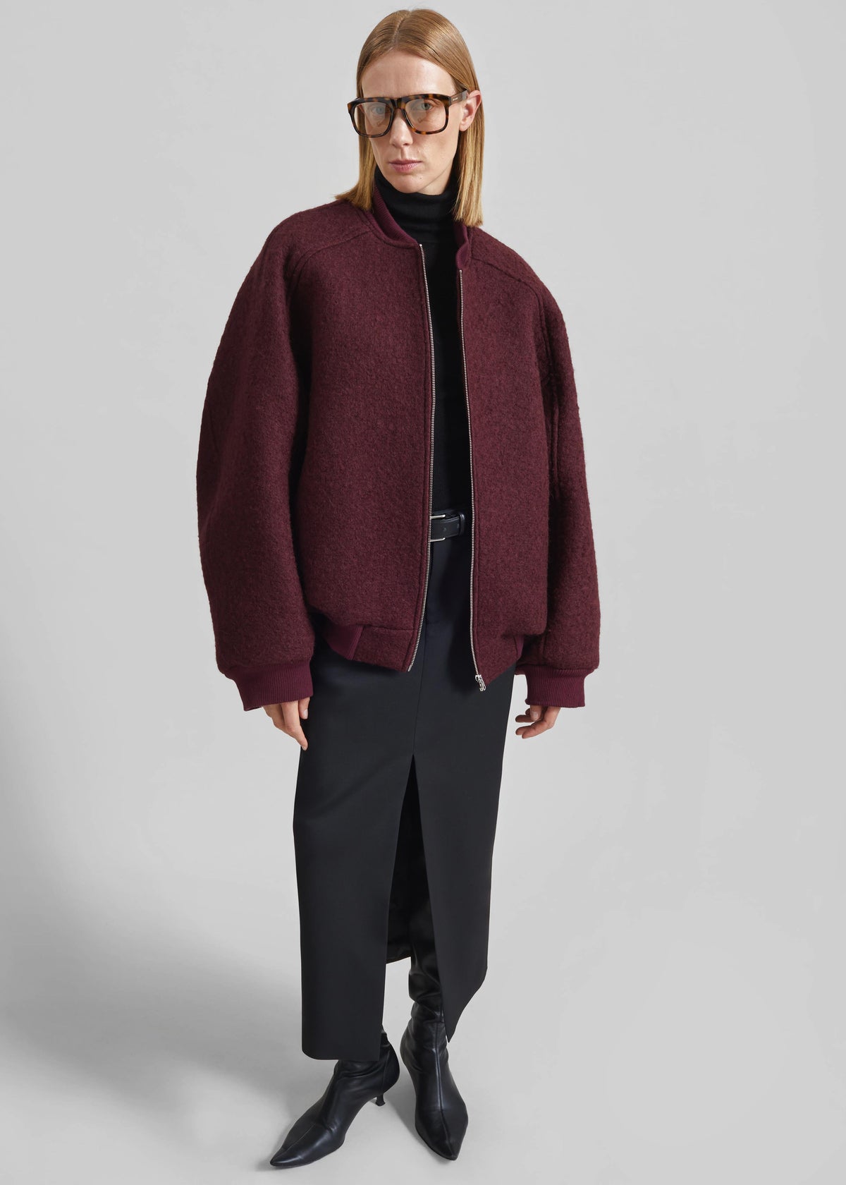 Elinor Boucle Oversized Bomber Jacket - Burgundy