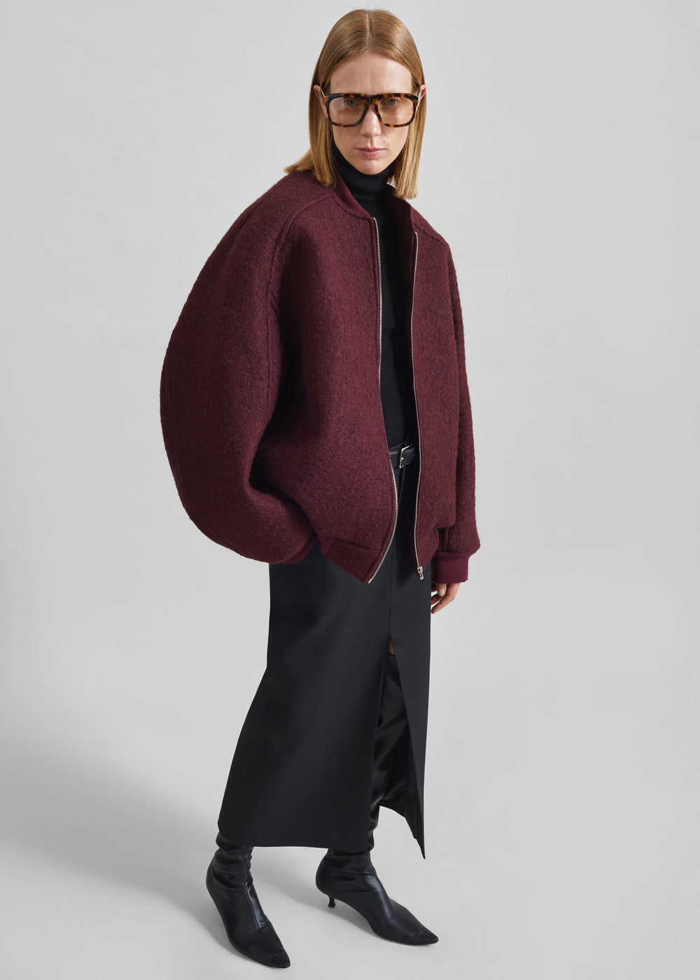 Elinor Boucle Oversized Bomber Jacket - Burgundy - 1