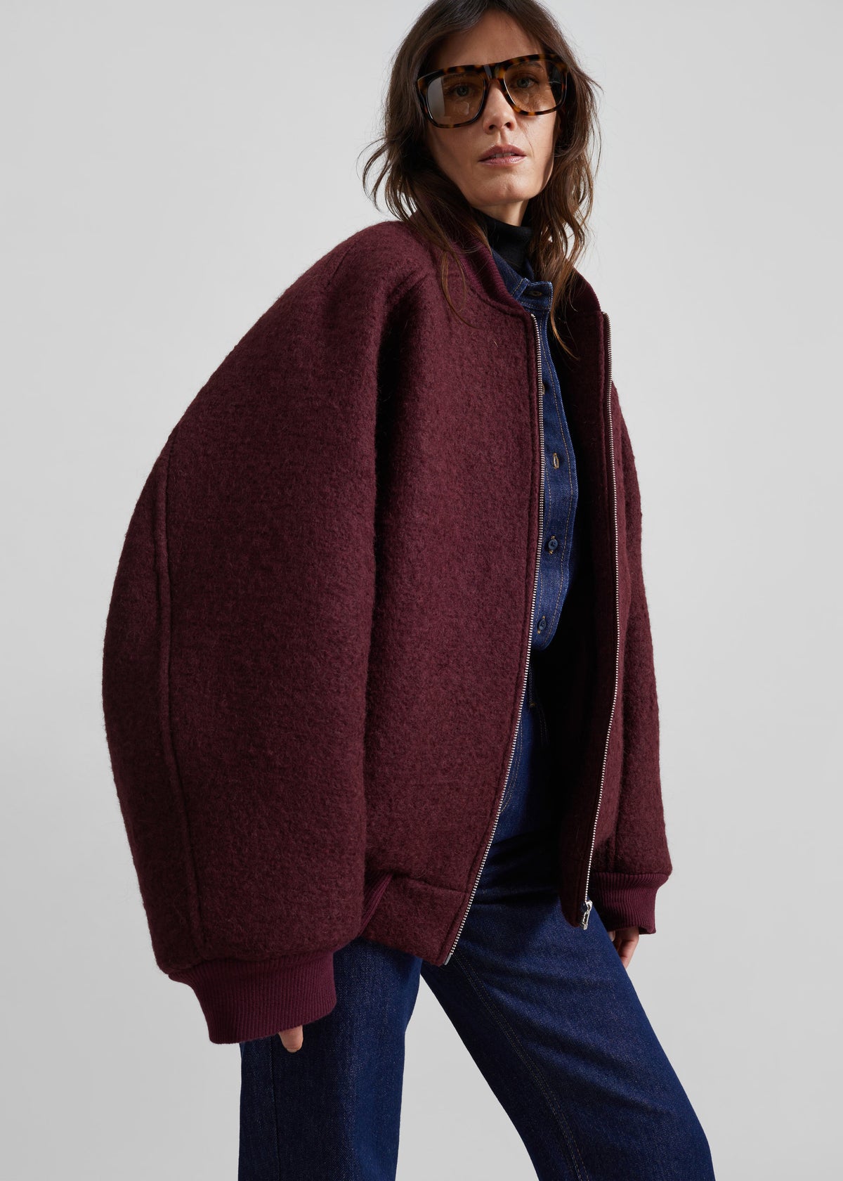 Elinor Boucle Oversized Bomber Jacket - Burgundy