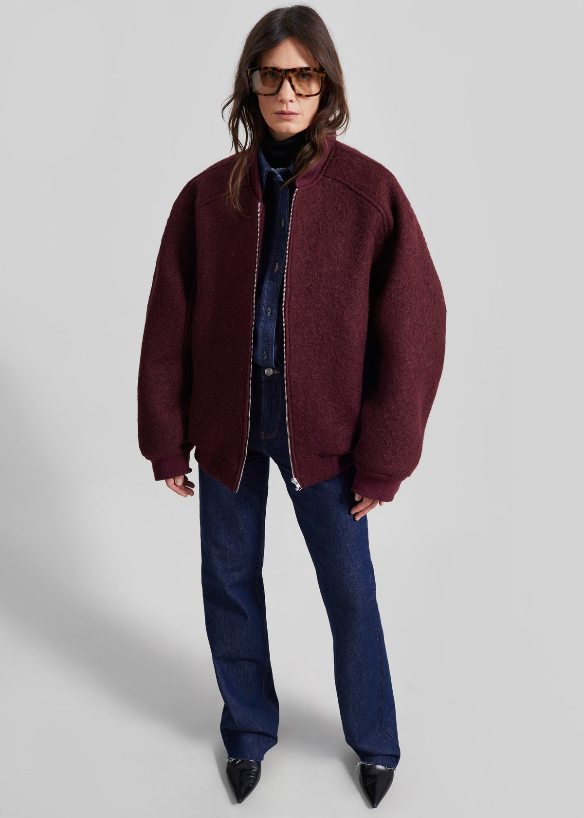 Elinor Boucle Oversized Bomber Jacket - Burgundy