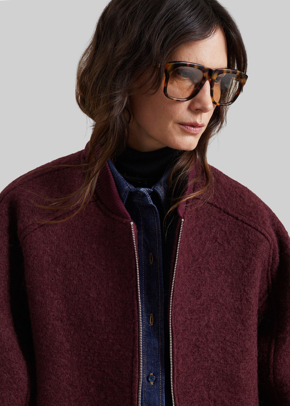 Elinor Boucle Oversized Bomber Jacket - Burgundy