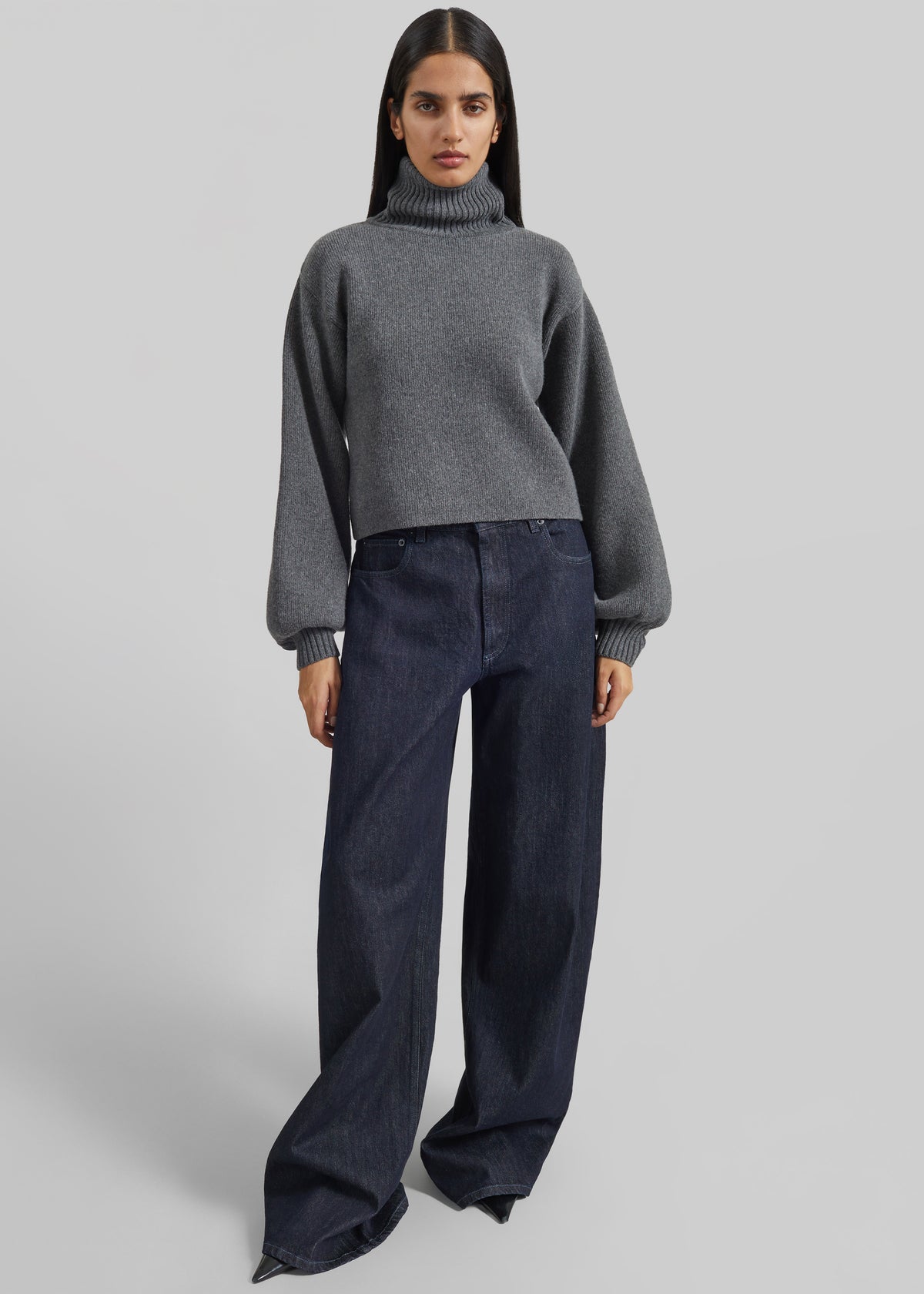Elly Balloon Sleeve Turtleneck Sweater - Grey