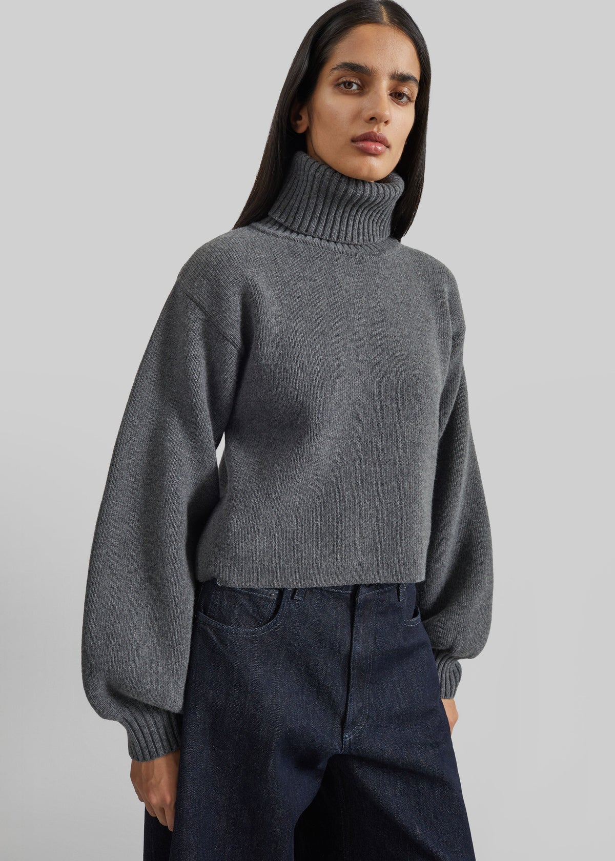 Elly Balloon Sleeve Turtleneck Sweater - Grey