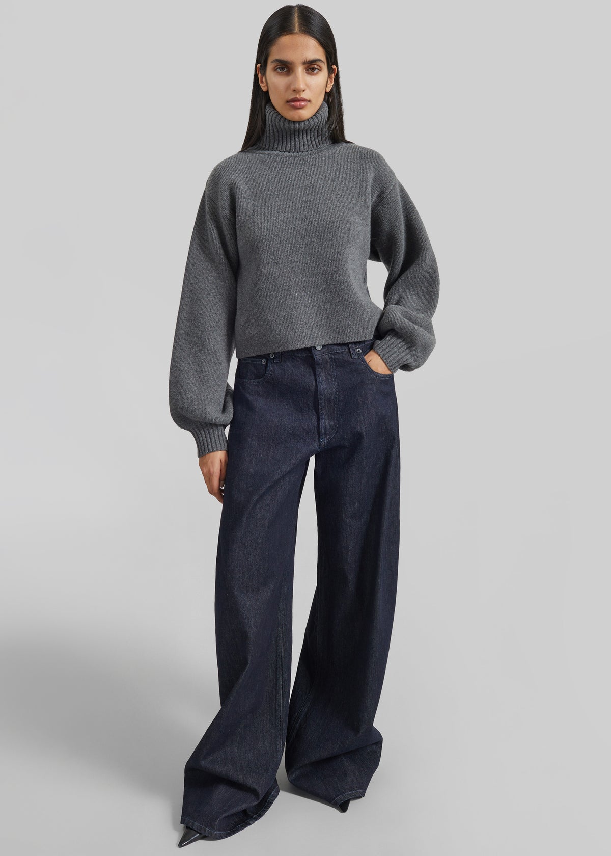 Elly Balloon Sleeve Turtleneck Sweater - Grey