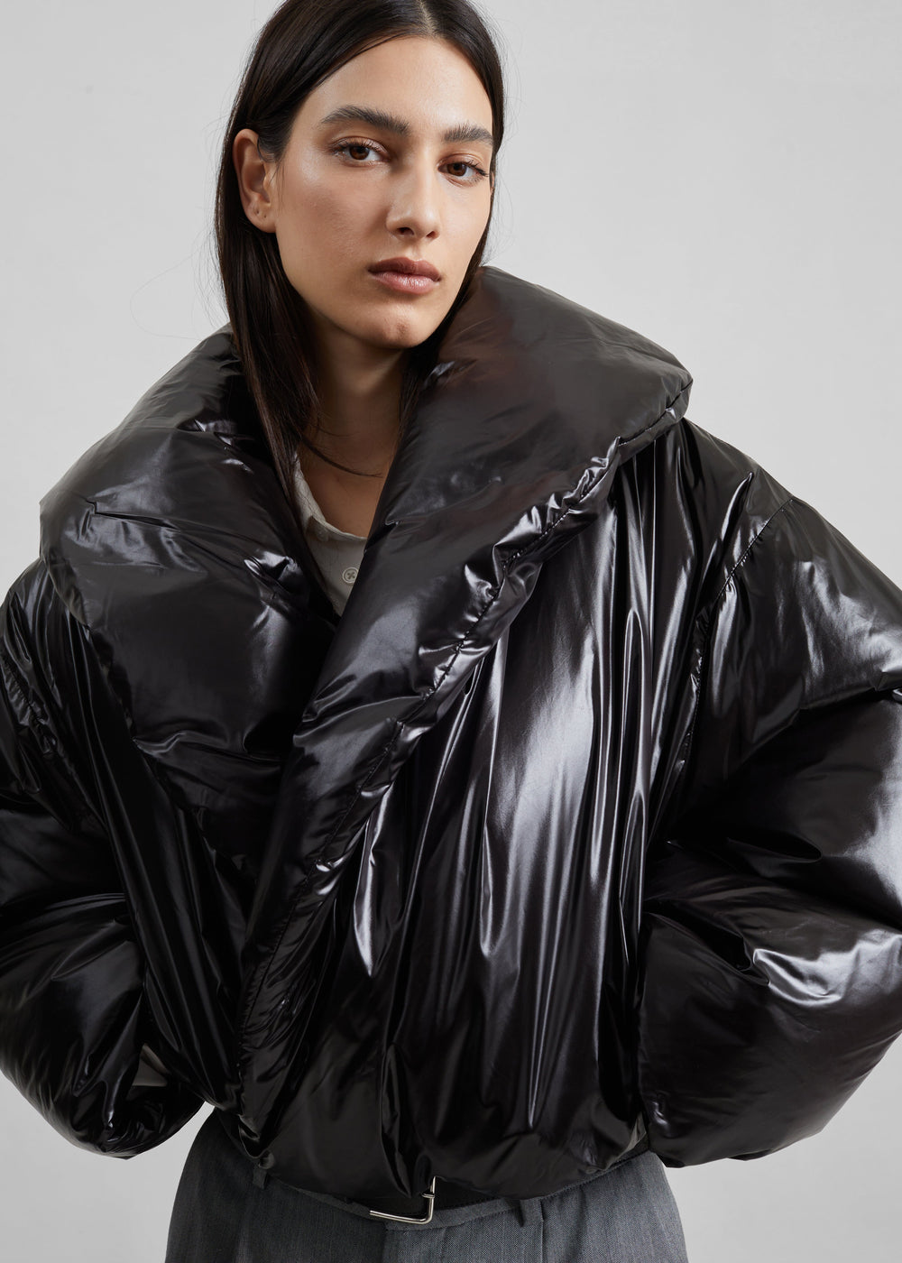 Elren Shawl Collar Cropped Puffer Jacket - Black - 1