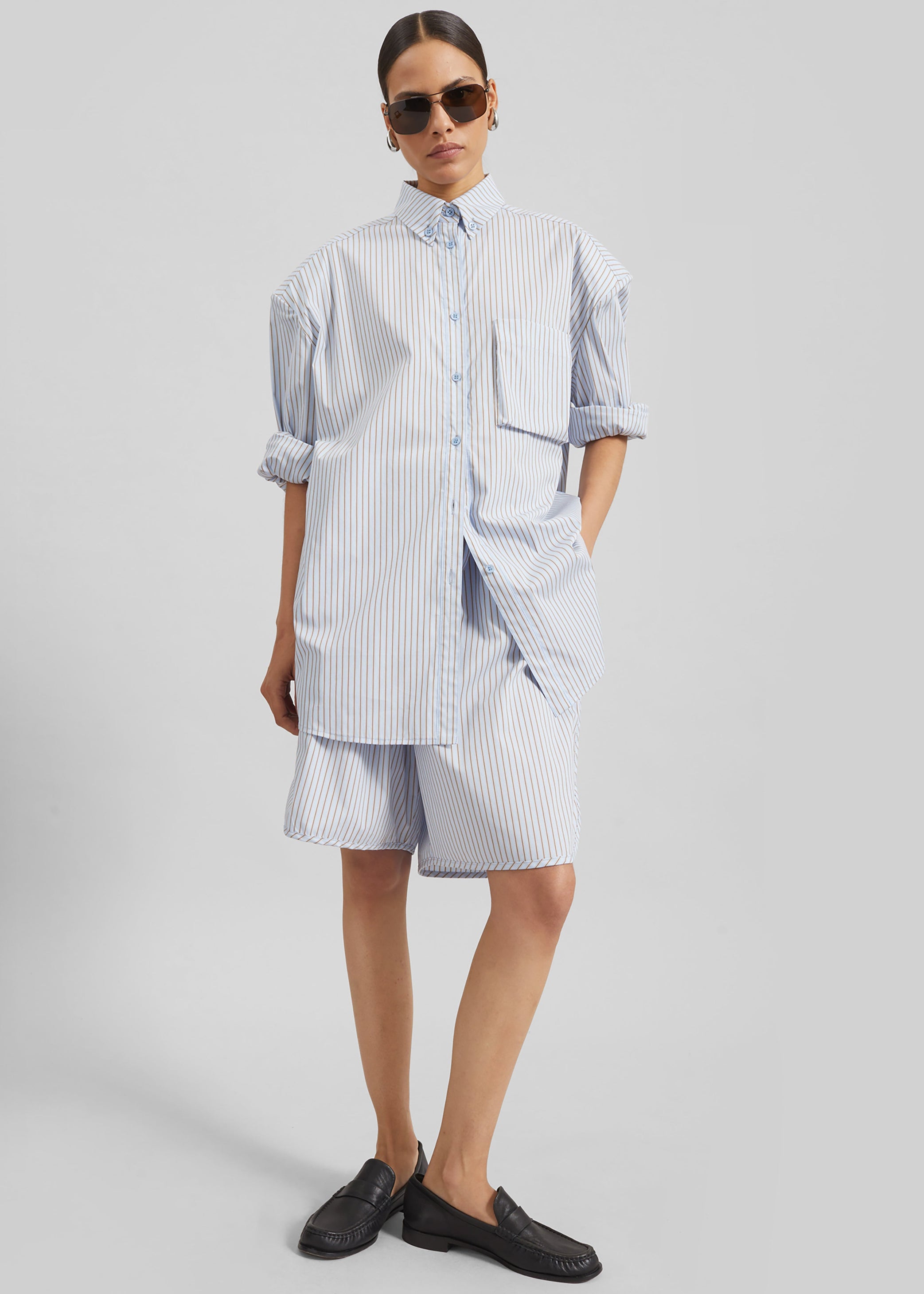 Shop the look image for Elyn Cotton Bermuda Shorts - Light Blue/Brown Stripe