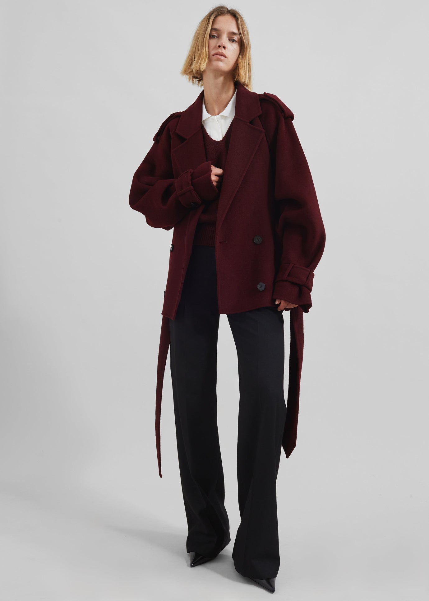 Elys Short Wool Trench - Burgundy - 1