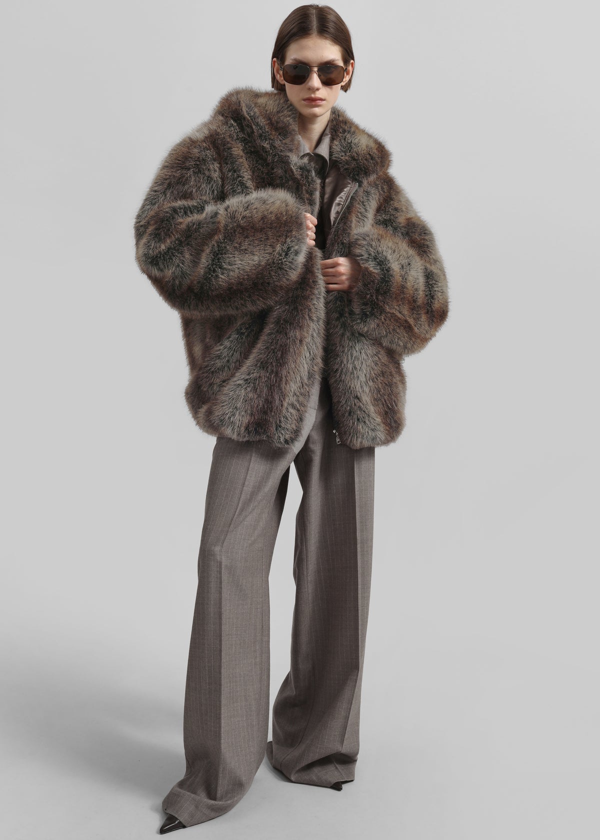 Emma Faux Fur Hooded Jacket - Brown Melange - 3