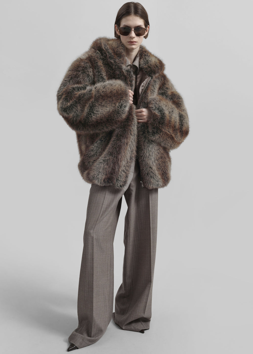 Emma Faux Fur Hooded Jacket - Brown Melange - 1