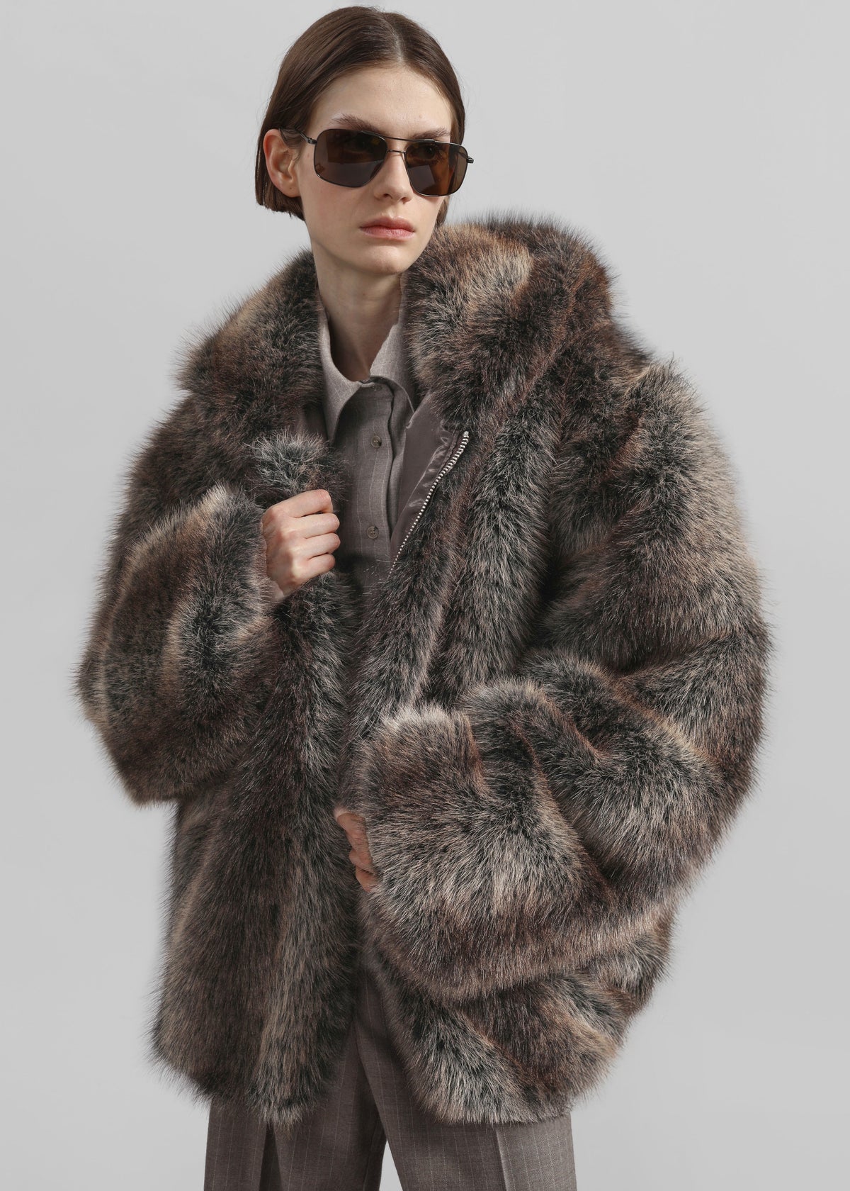 Emma Faux Fur Hooded Jacket - Brown Melange - 3