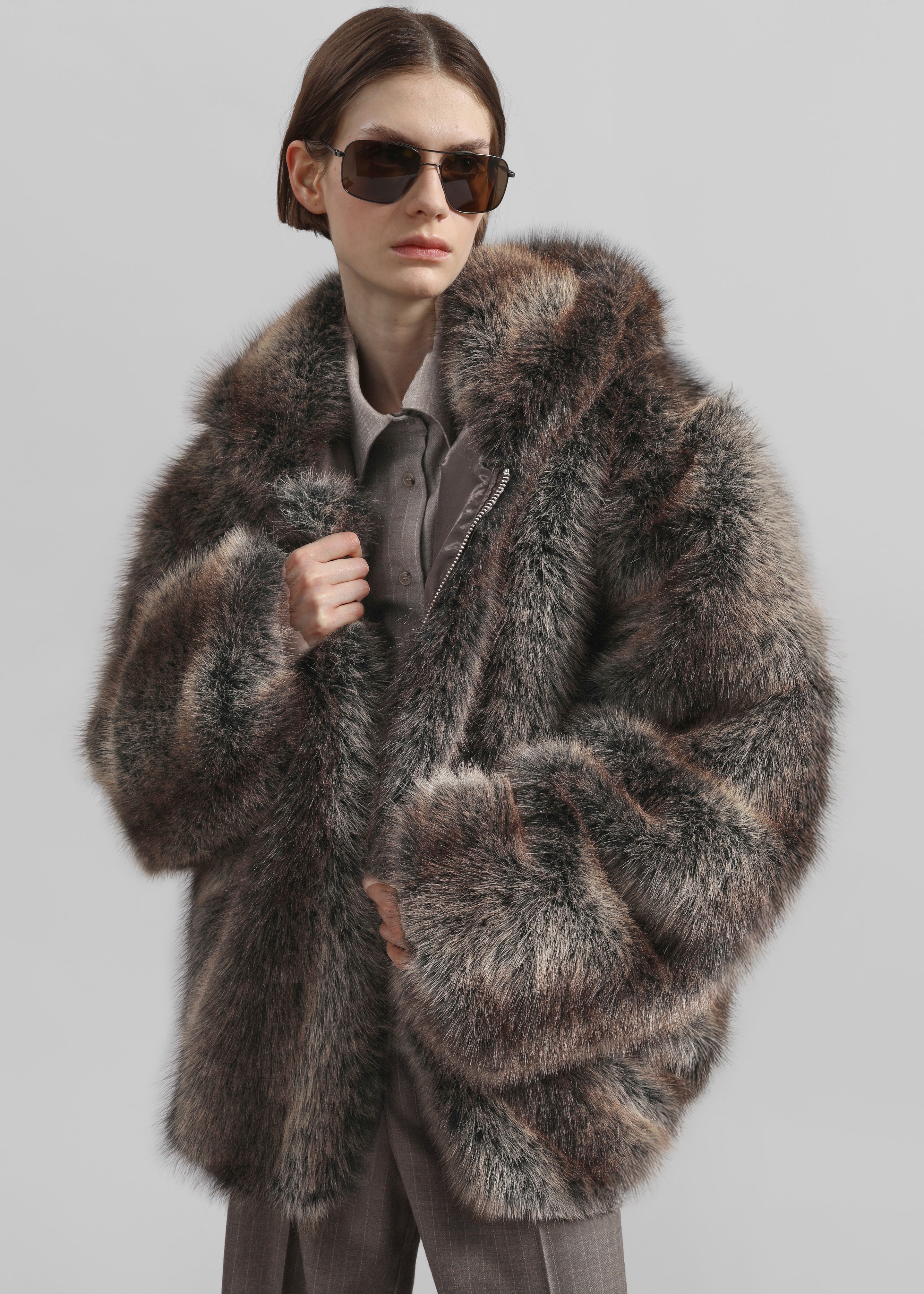 Emma Faux Fur Hooded Jacket - Brown Melange - 3