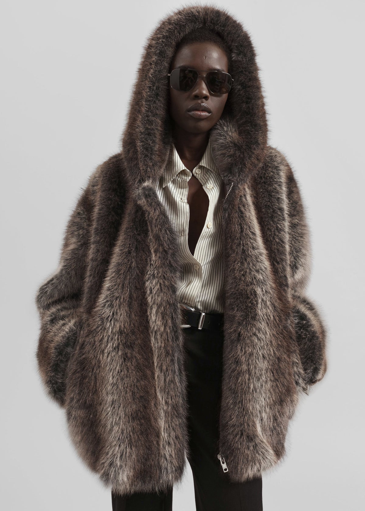 Emma Faux Fur Hooded Jacket - Brown Melange - 4