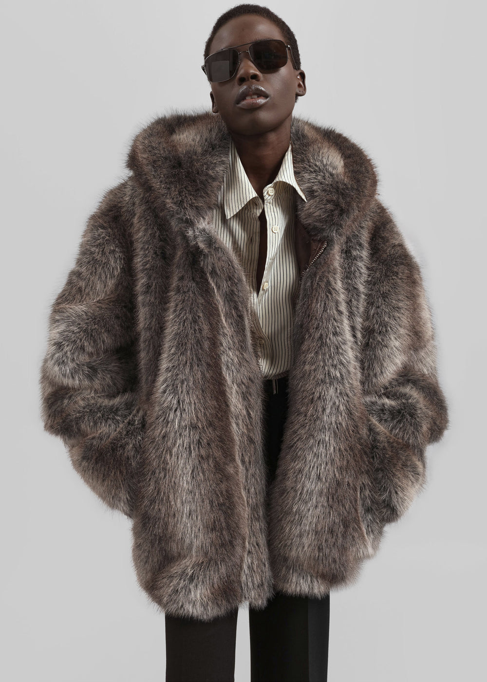 Emma Faux Fur Hooded Jacket - Brown Melange