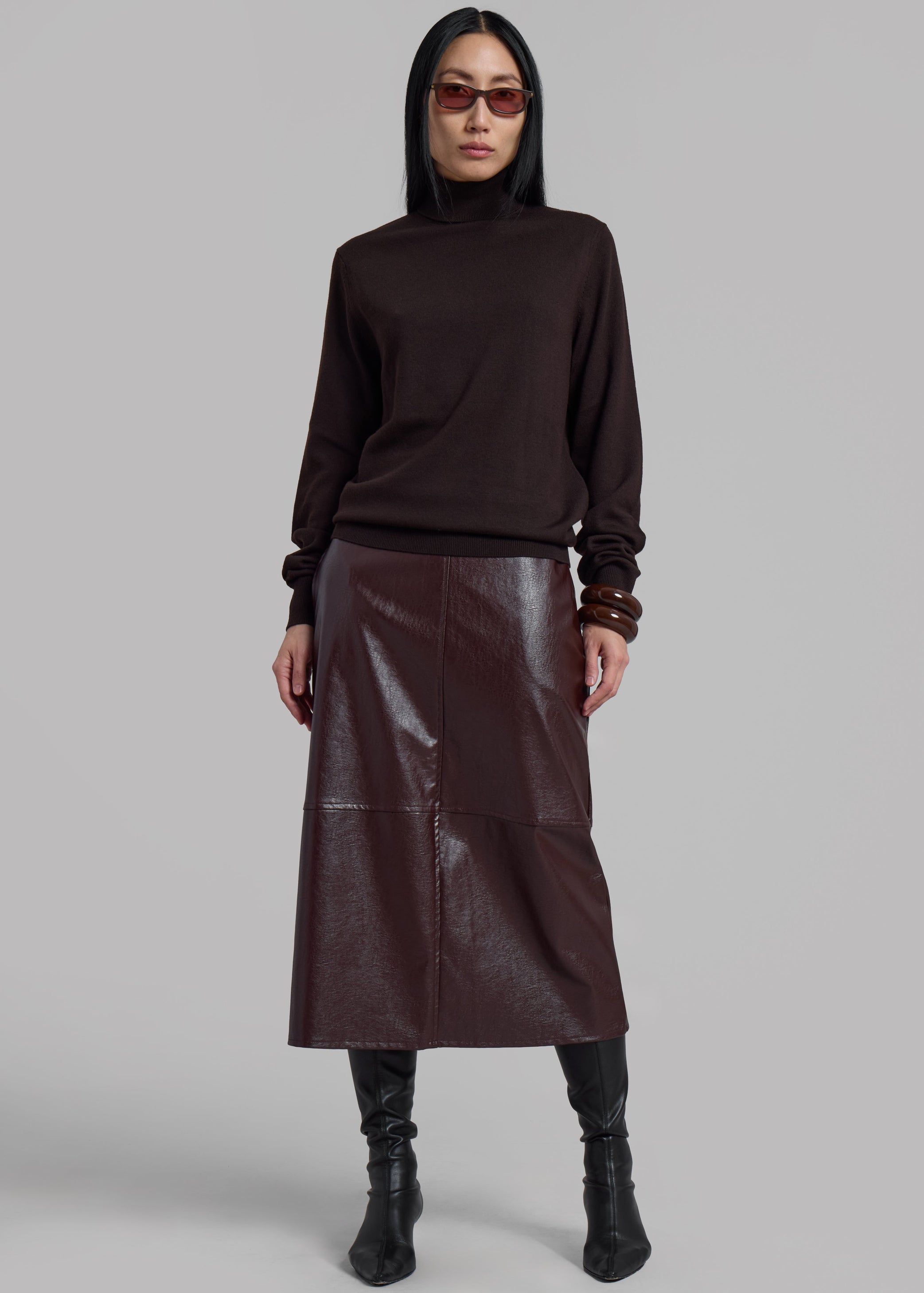 Shop the look image for Erminie Midi Faux Leather Skirt - Brown