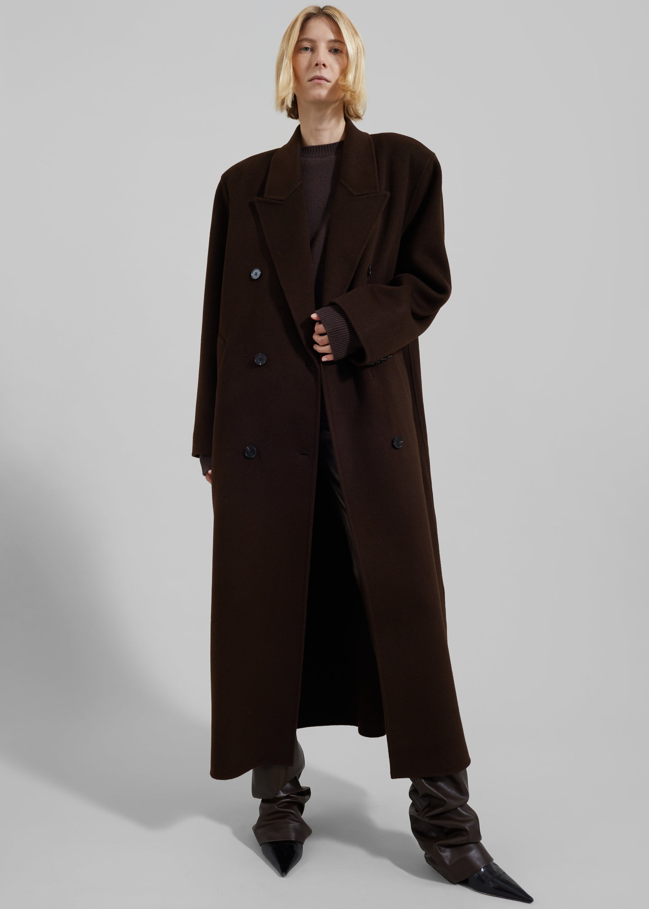 Shop the look image for Gaia Double Breasted Coat - Dark Brown