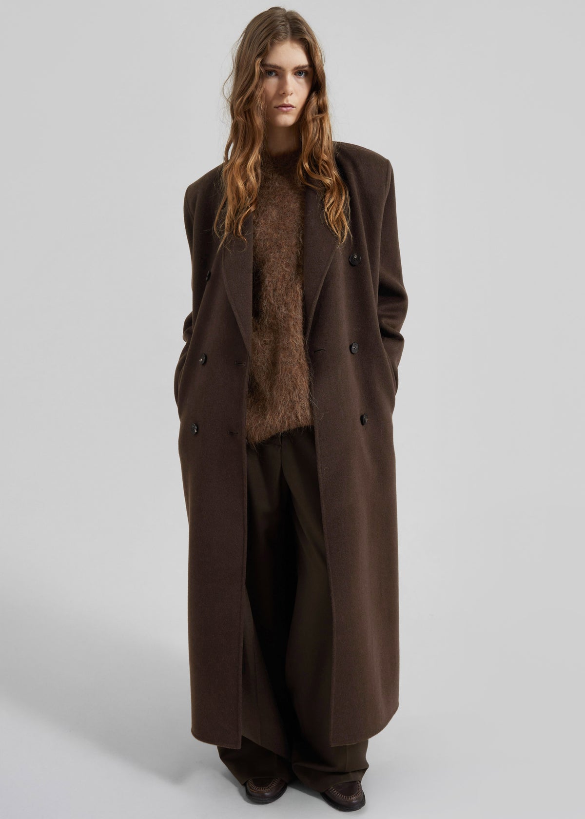 Shop the look image for Gaia Double-Breasted Coat - Dark Brown