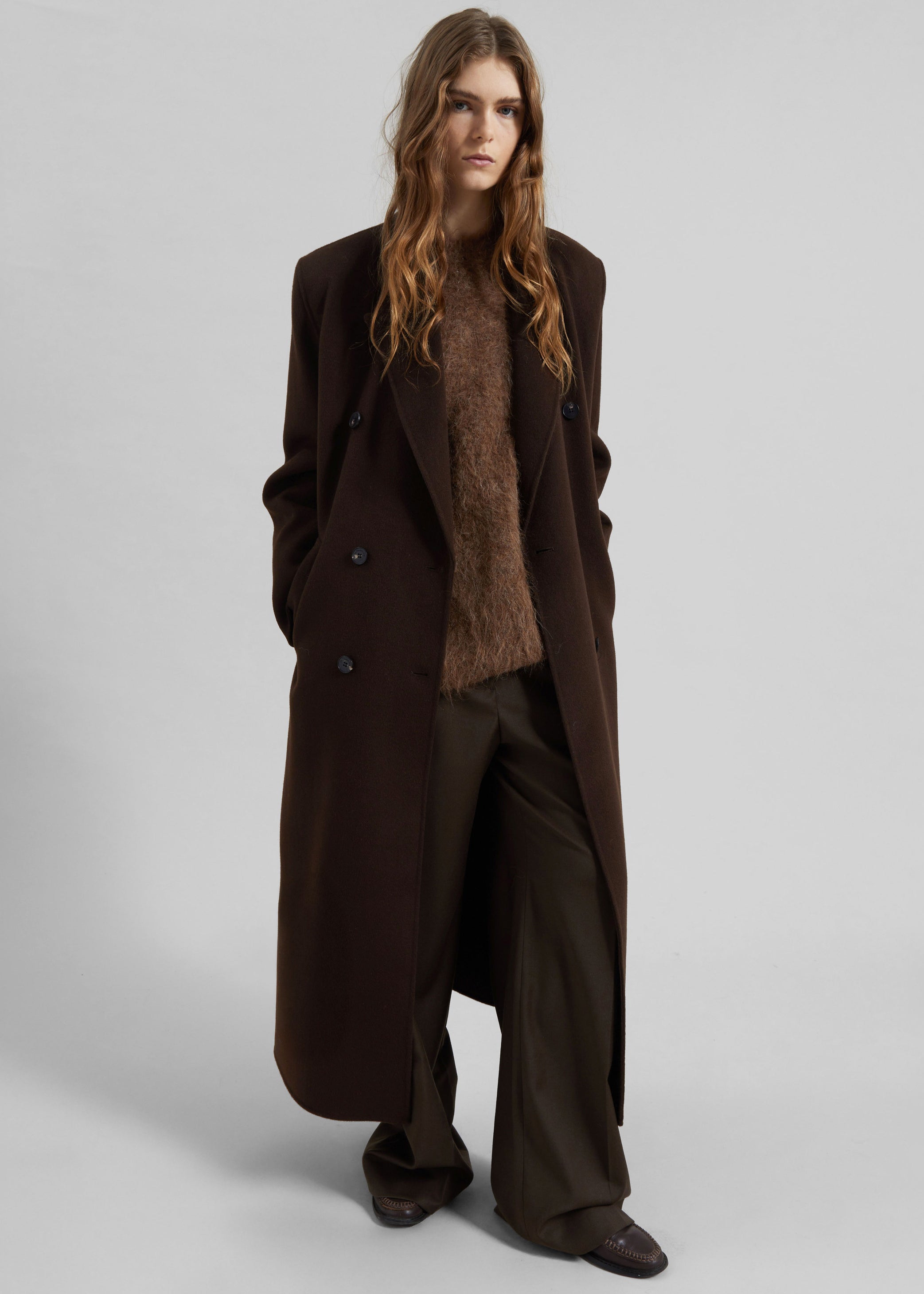 Shop the look image for Gaia Double Breasted Coat - Dark Brown