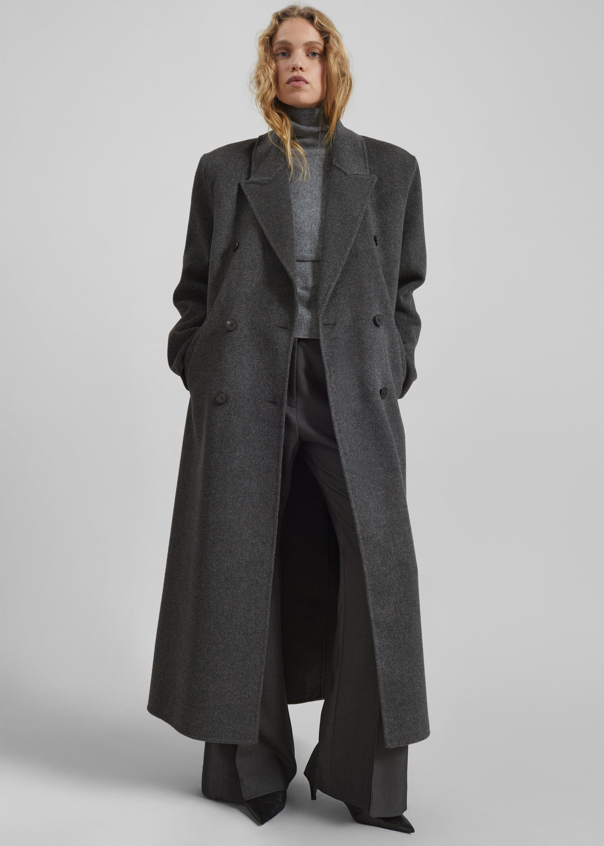 Shop the look image for Gaia Double Breasted Coat - Dark Grey Melange