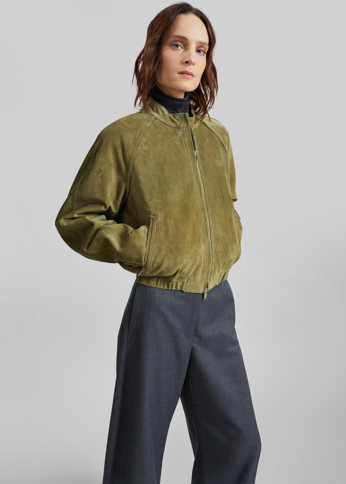 Galena Suede Bomber Jacket - Olive