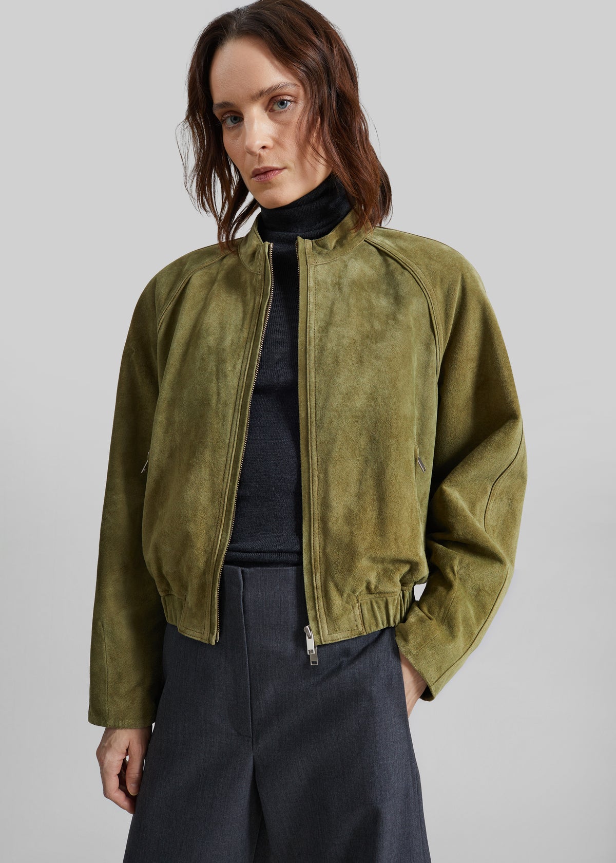 Galena Suede Bomber Jacket - Olive