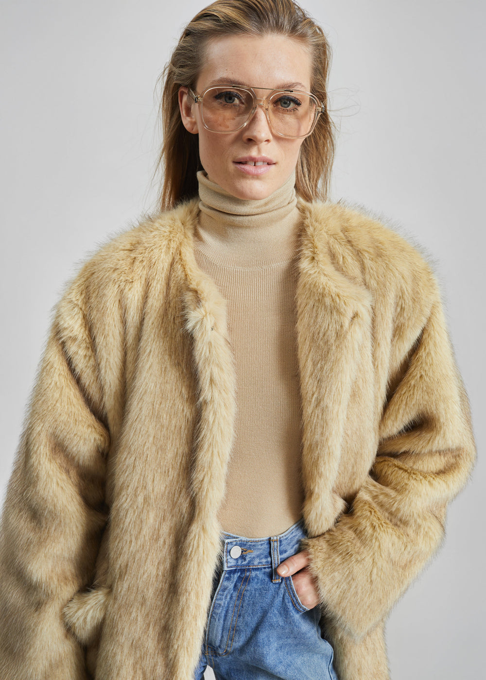 Gemona Faux Fur Collarless Coat - Beige - 1
