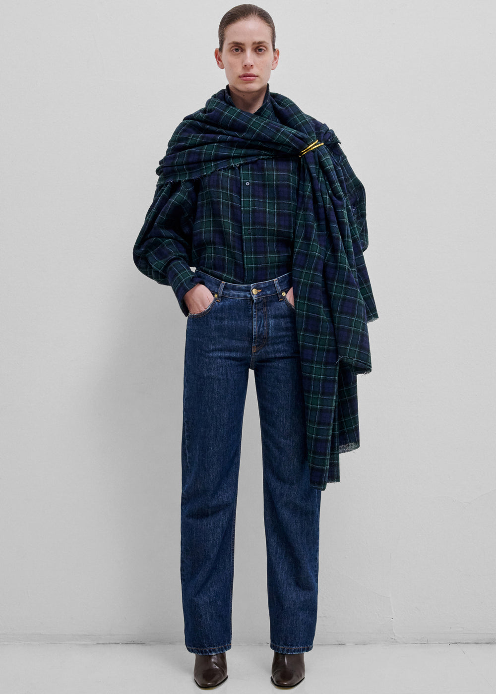 Darkpark Georgia Detachable Scarf Japanese Wool Shirt - Blue/Green/White