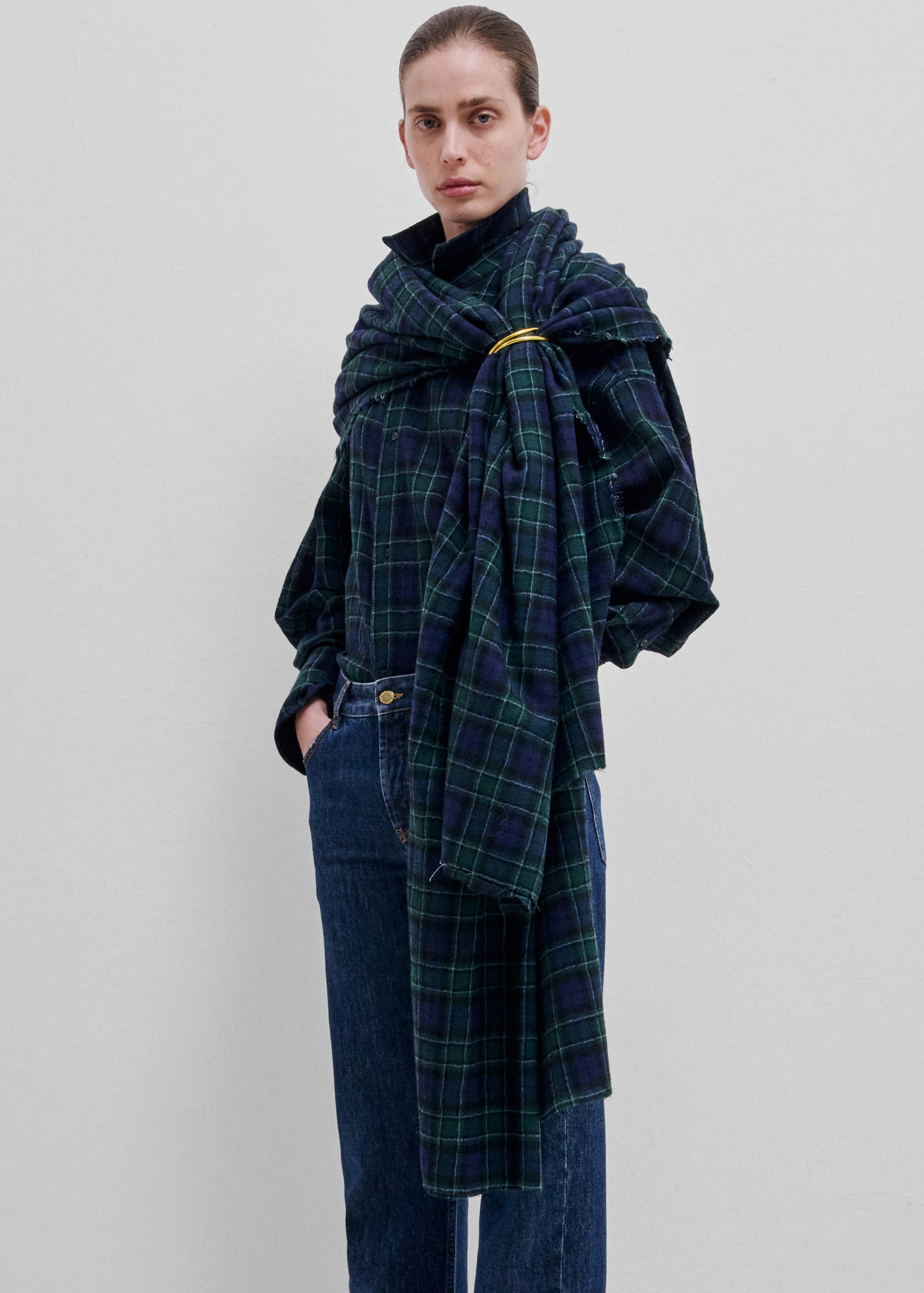 Darkpark Georgia Detachable Scarf Japanese Wool Shirt - Blue/Green/White - 3