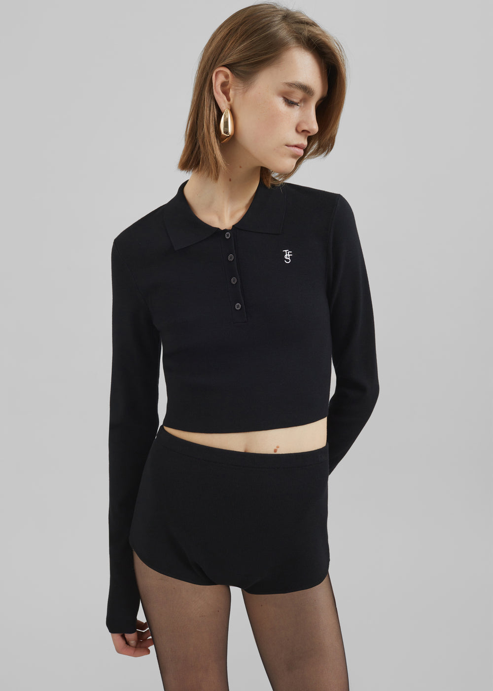 Giselle Cropped Knit Polo - Black