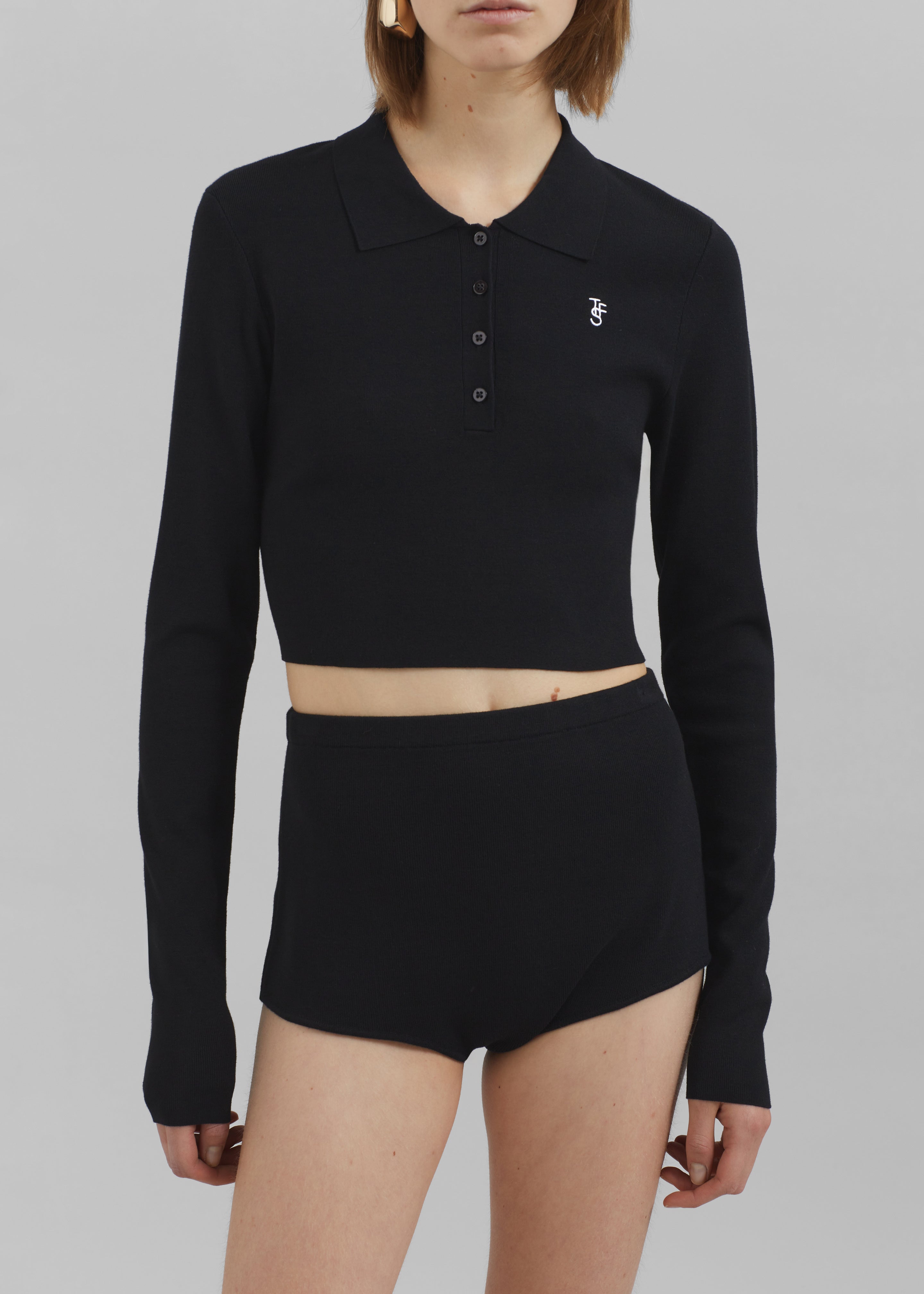 Giselle Cropped Knit Polo - Black - 7