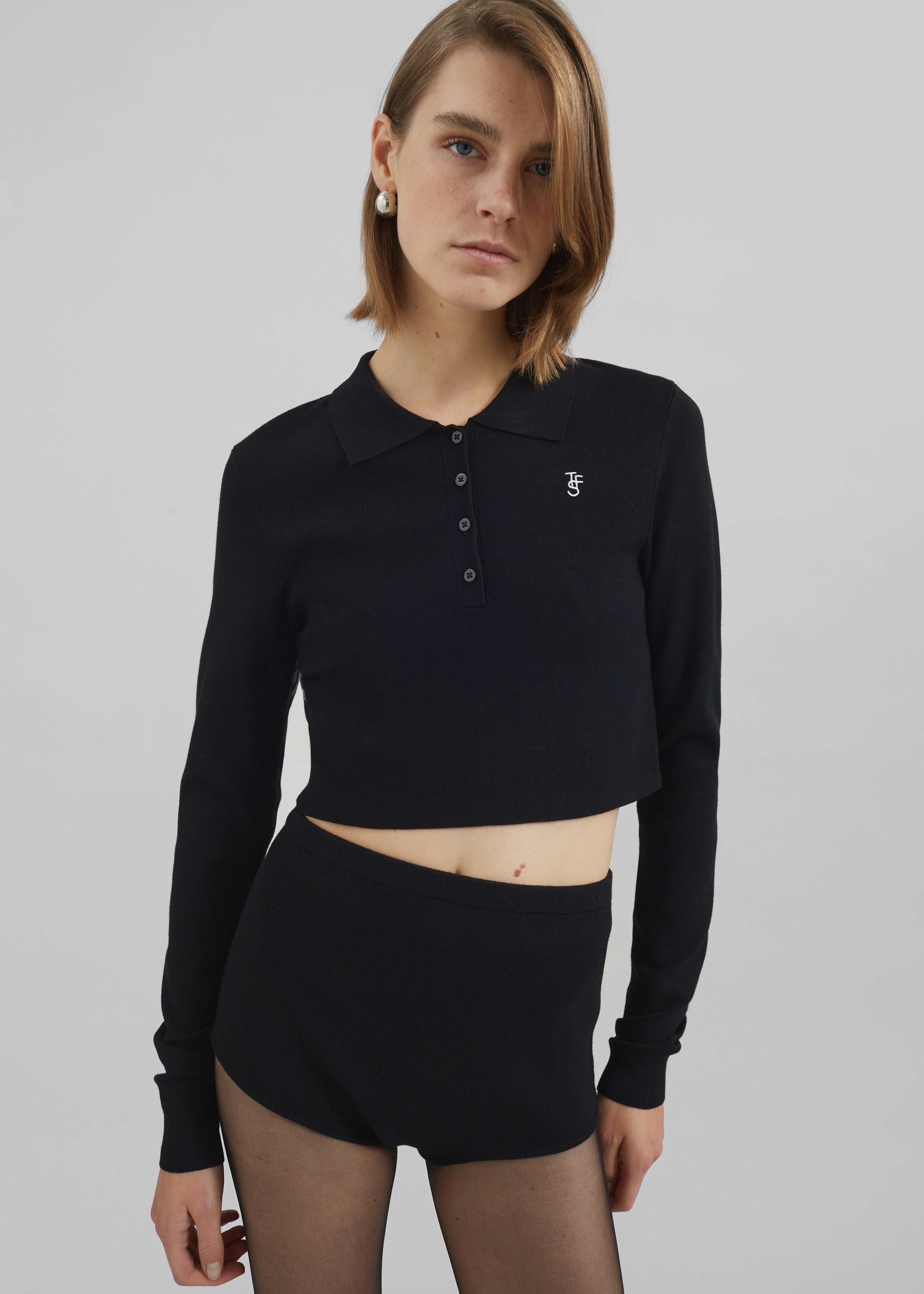 Giselle Cropped Knit Polo - Black - 4