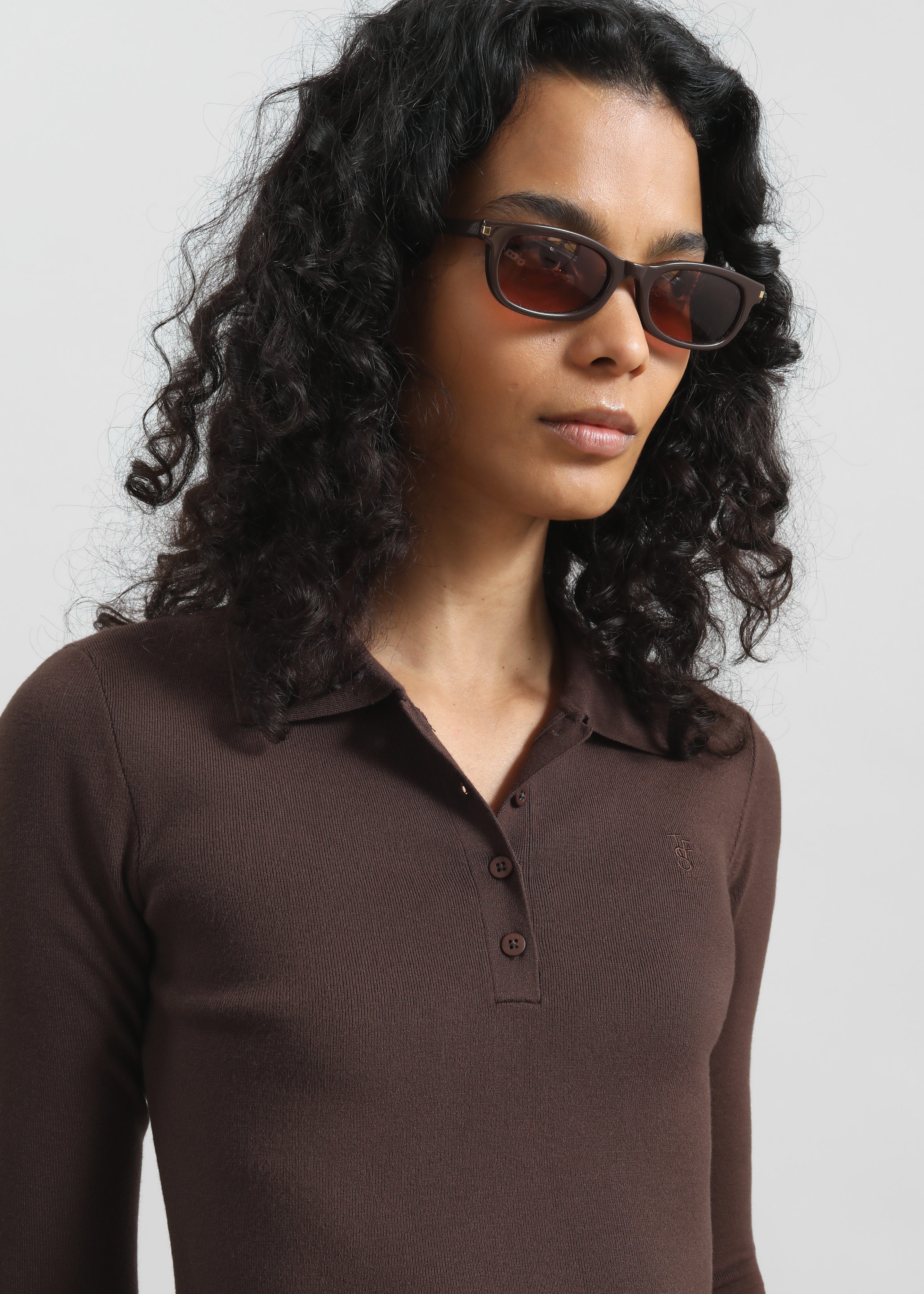 Giselle Cropped Knit Polo - Brown - 2