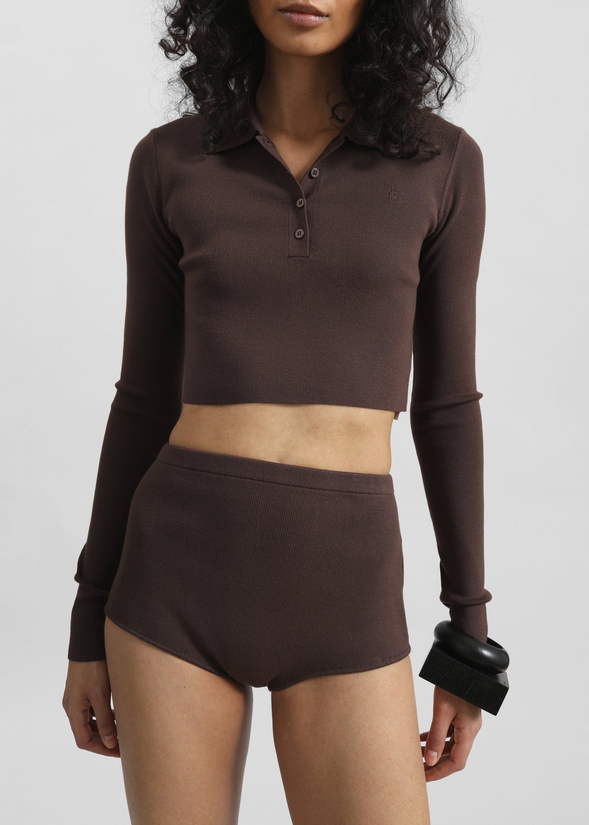Giselle Cropped Knit Polo - Brown - 6